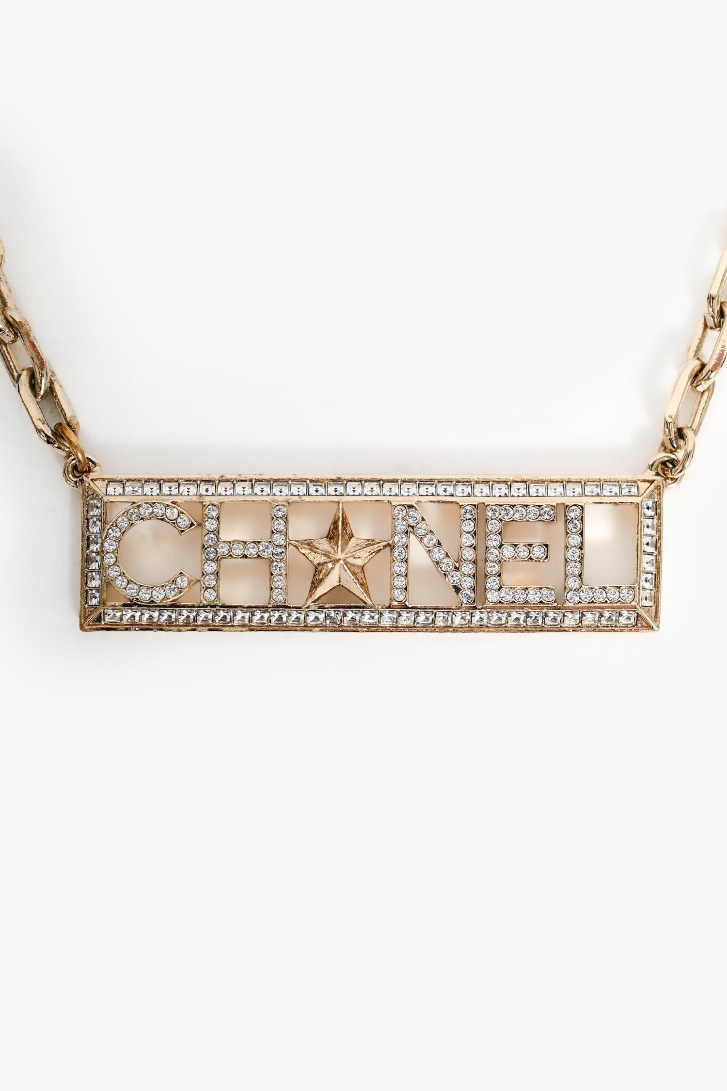 Pre-Loved Chanel™ 2017 Gold Toned Crystal Embellished Logo Star Choker Necklace