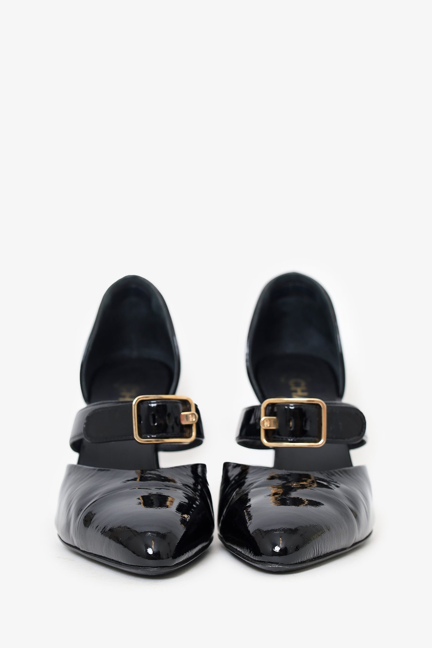 Pre-Loved Chanel™ 2022 Black Patent CC Logo 'D'orsay' Pumps Size 38