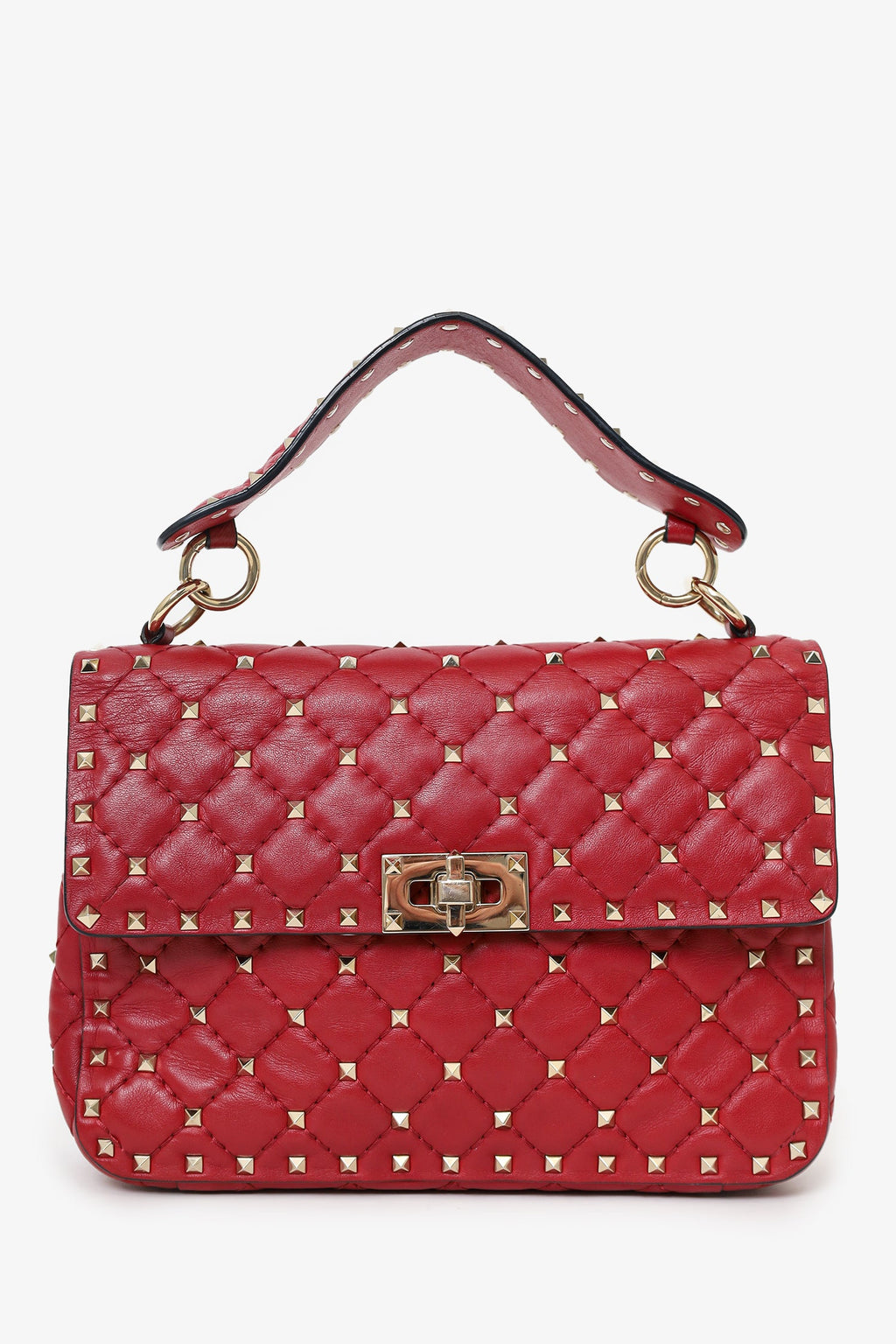 Valentino Red Quilted Rockstud Top Handle Bag With Chain