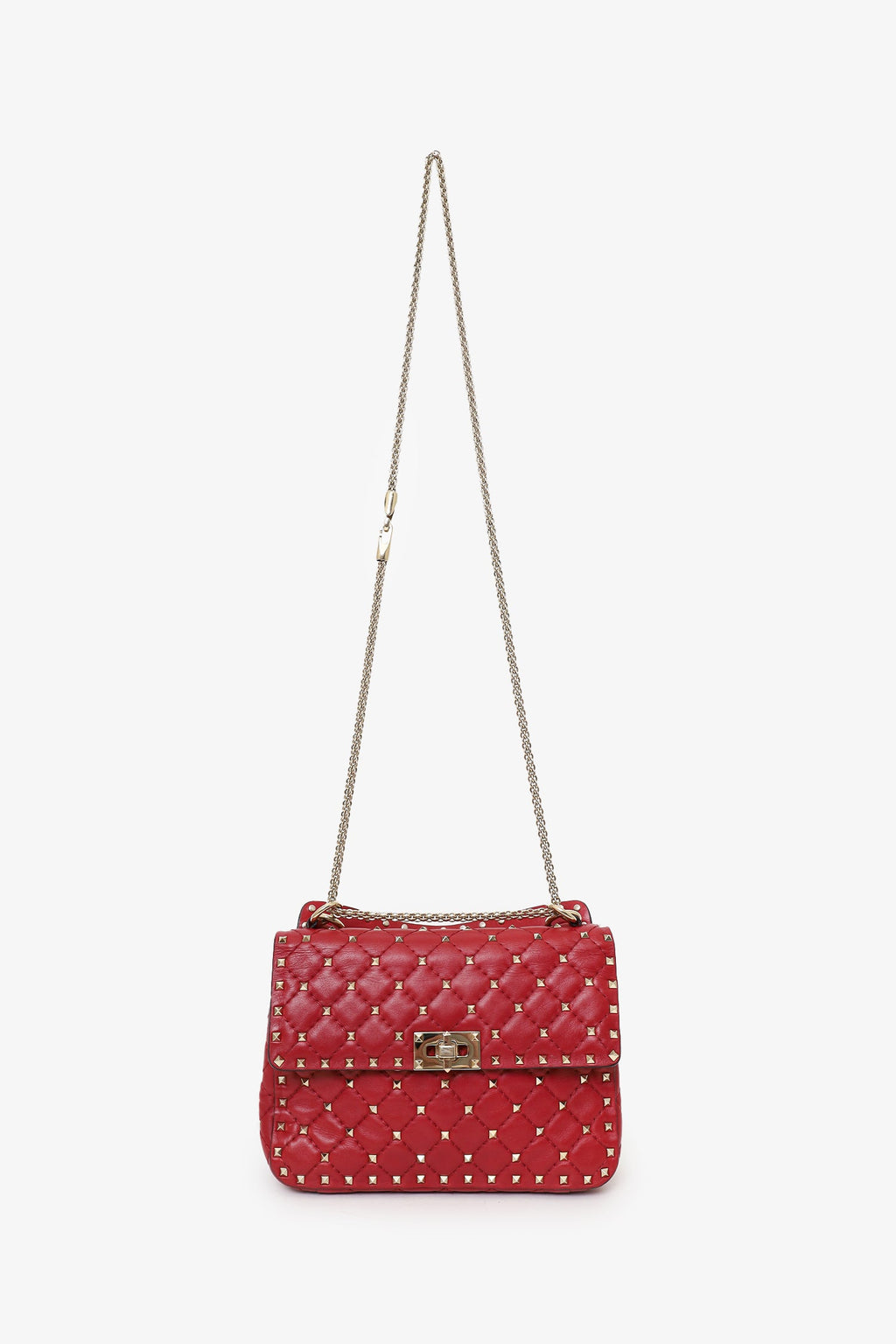 Valentino Red Quilted Rockstud Top Handle Bag With Chain