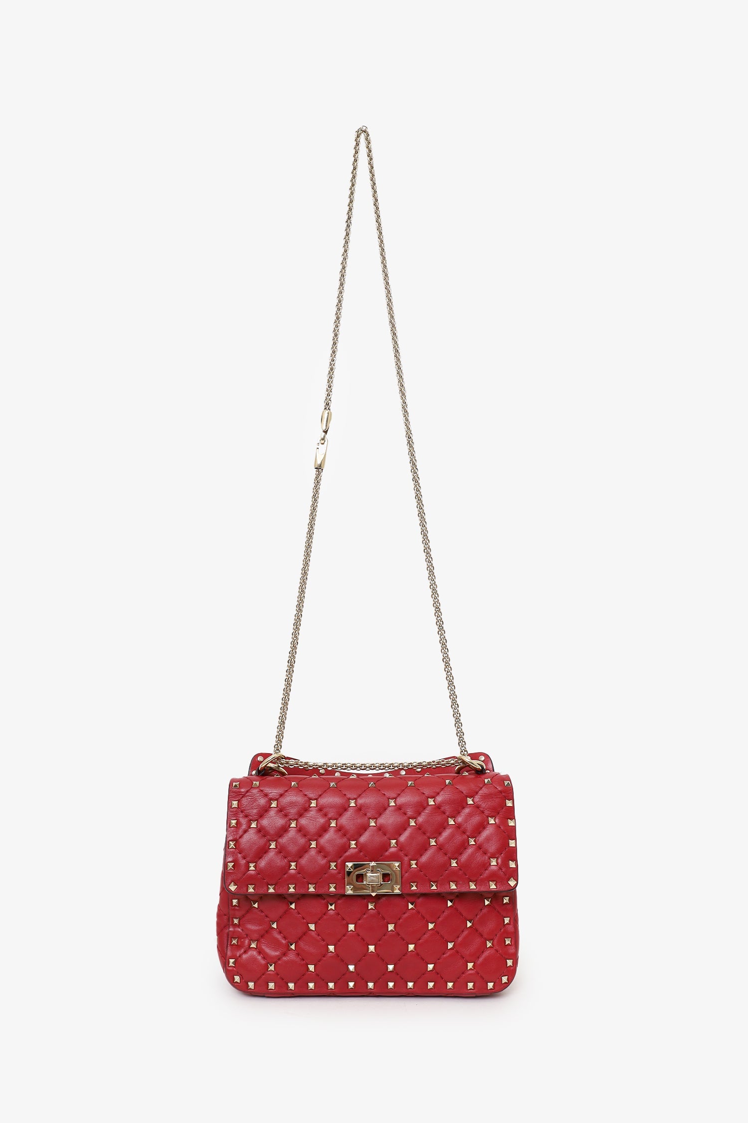 Valentino Red Quilted Rockstud Top Handle Bag With Chain