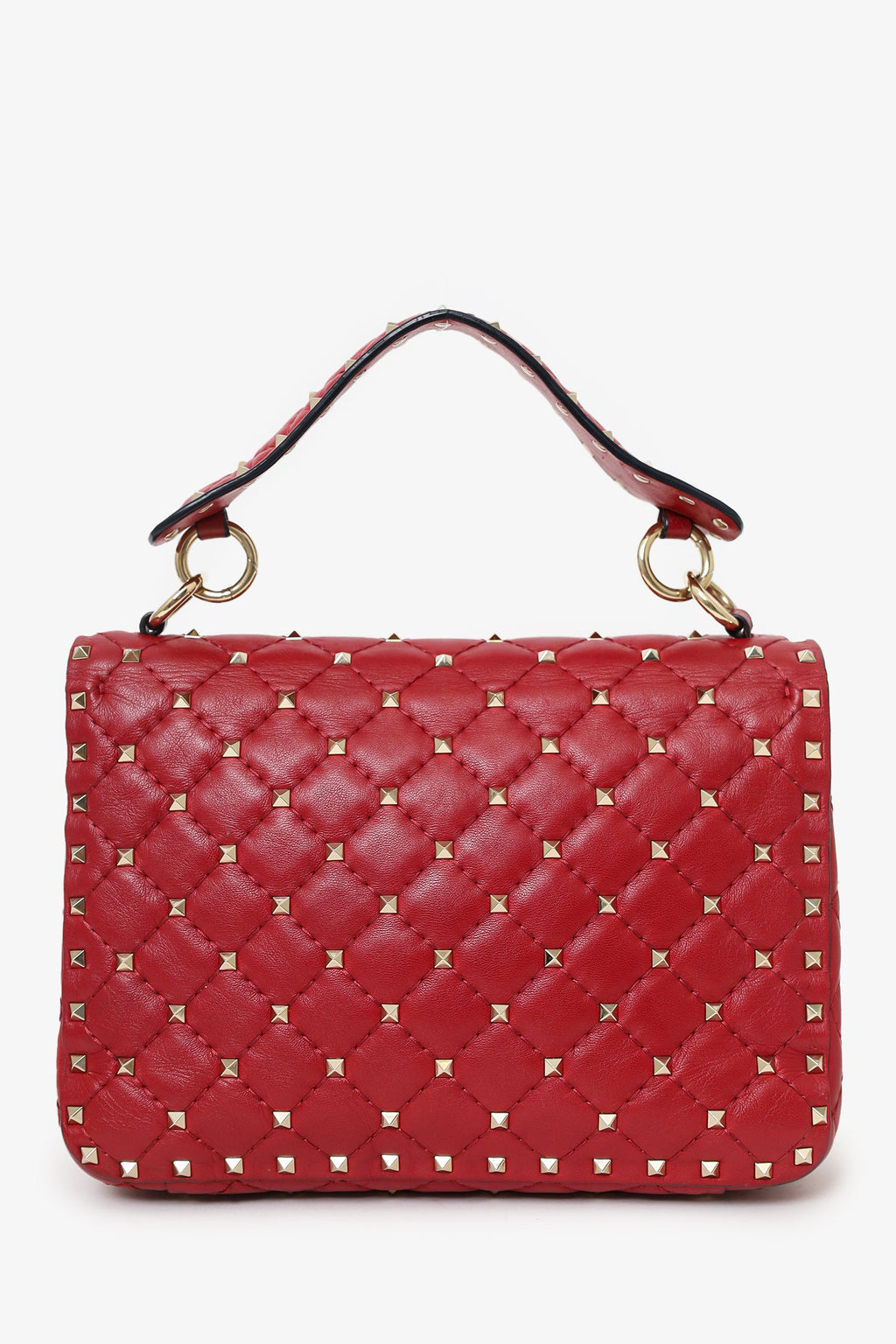 Valentino Red Quilted Rockstud Top Handle Bag With Chain