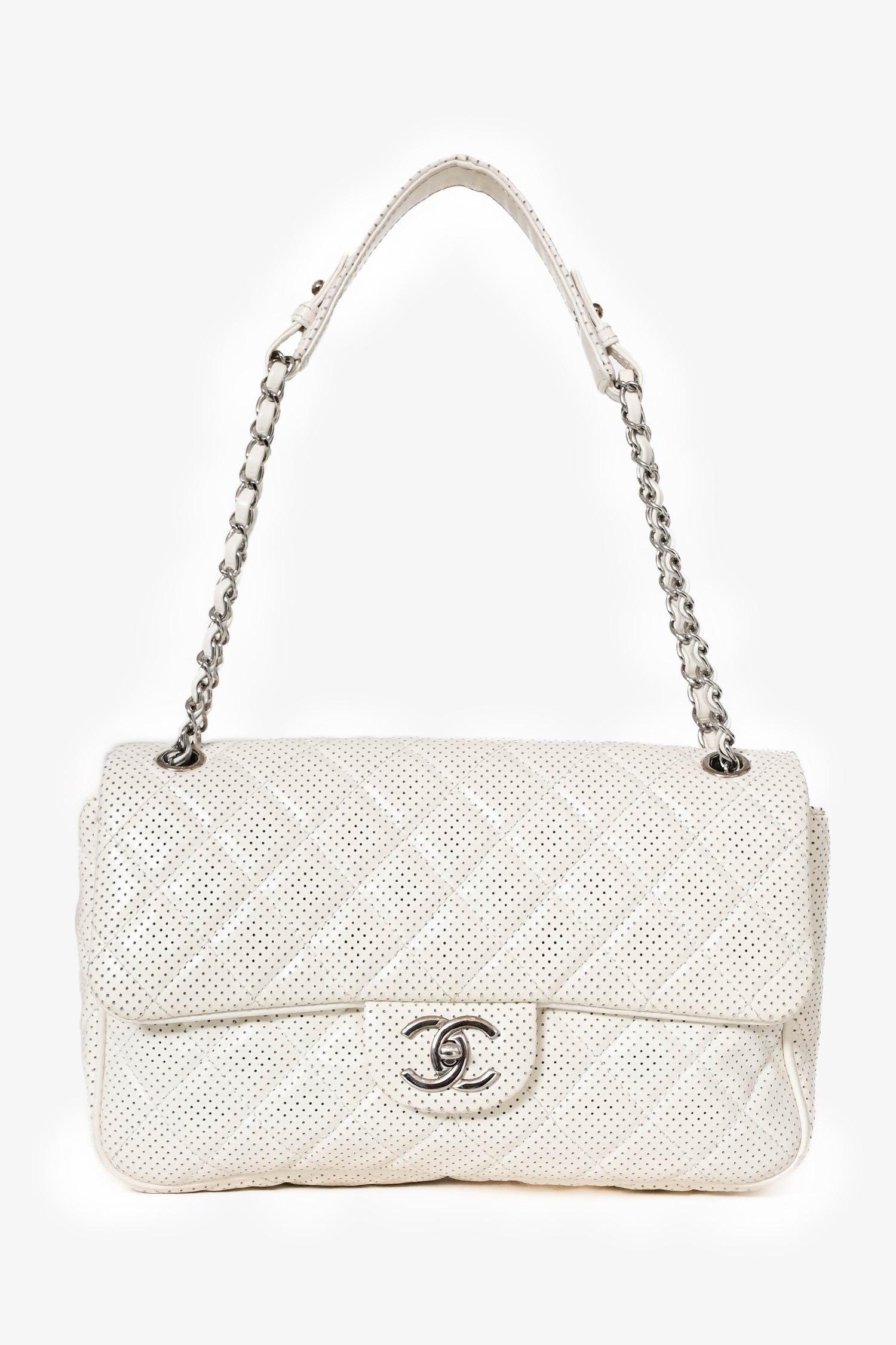 Pre-Loved Chanel™ 2014 White Perforated Leather Jumbo Double Flap Shoulder Bag