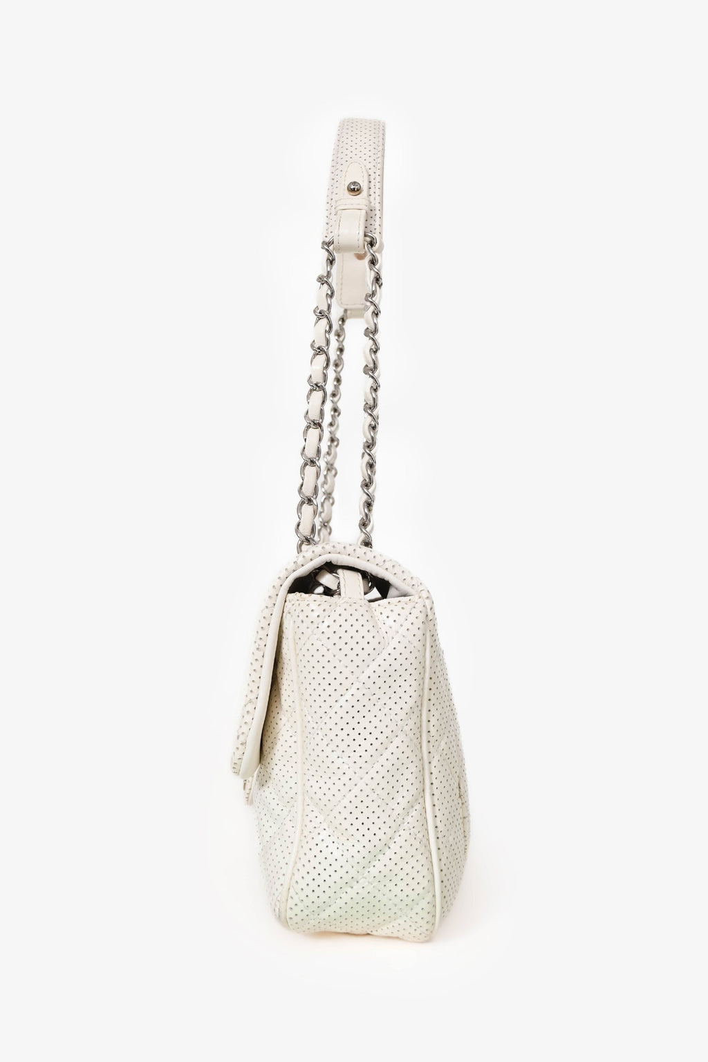 Pre-Loved Chanel™ 2014 White Perforated Leather Jumbo Double Flap Shoulder Bag