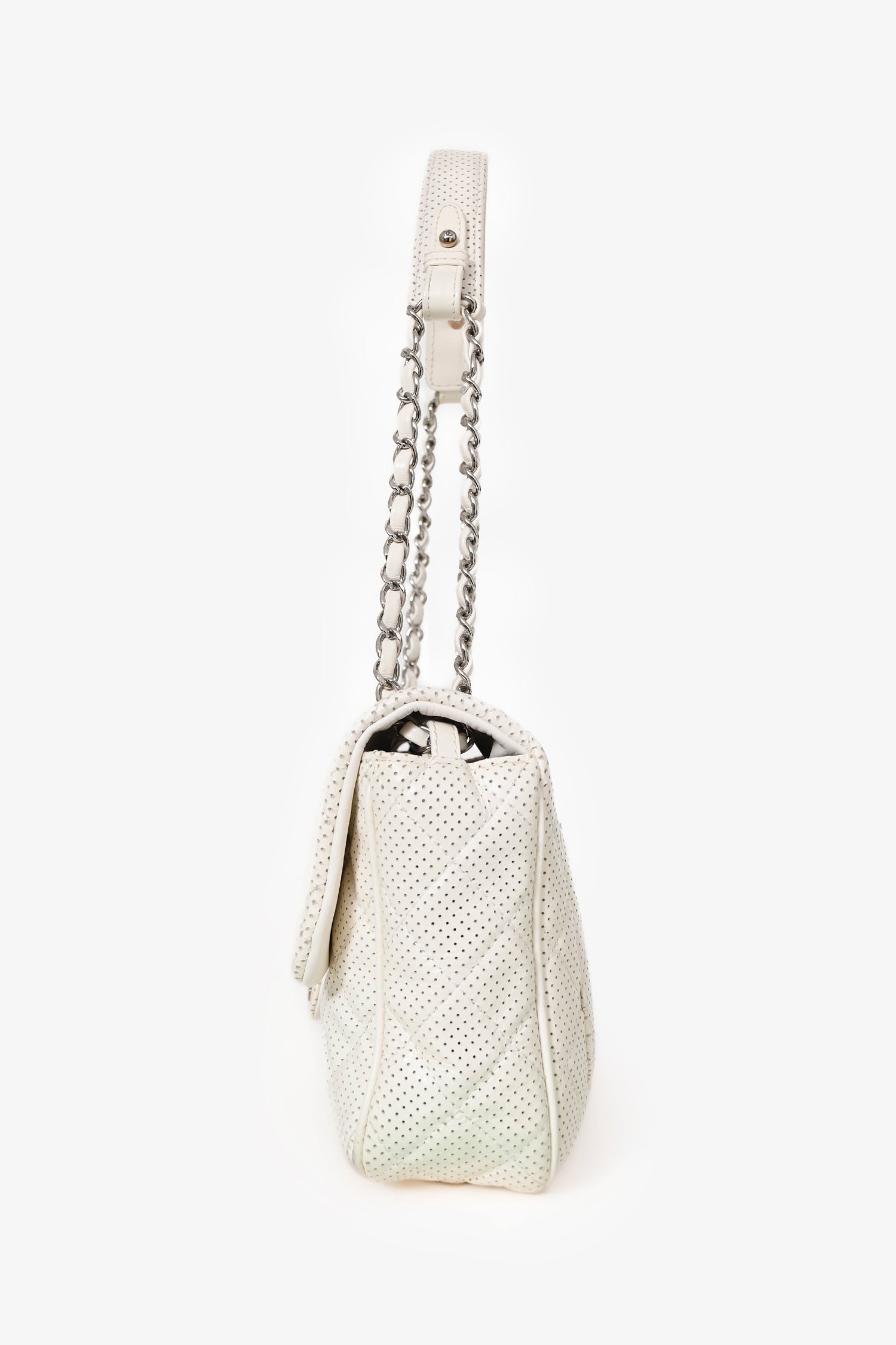 Pre-Loved Chanel™ 2014 White Perforated Leather Jumbo Double Flap Shoulder Bag