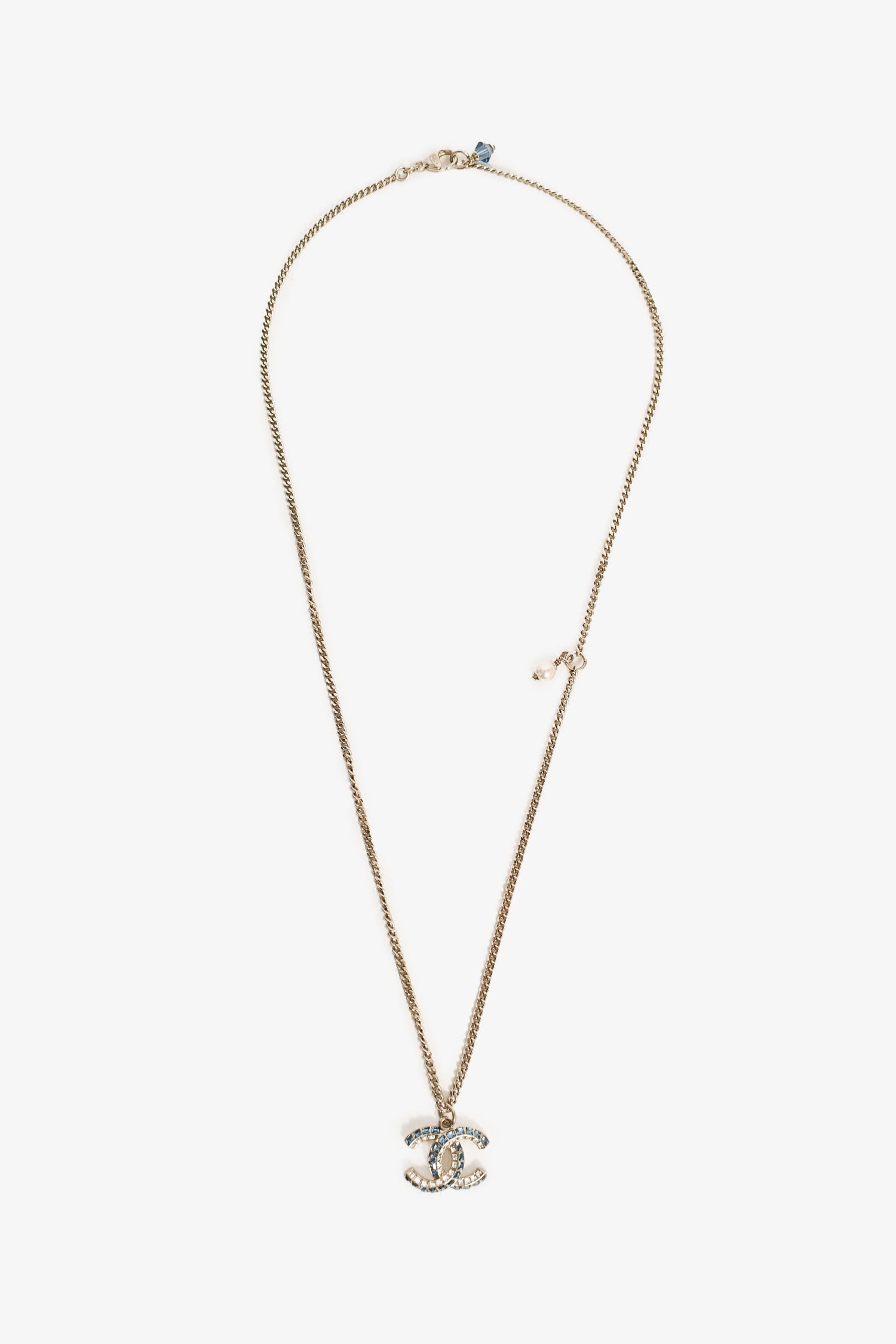 Pre-Loved Chanel™ 2019 Silver Toned Blue Crystal CC Long Necklace