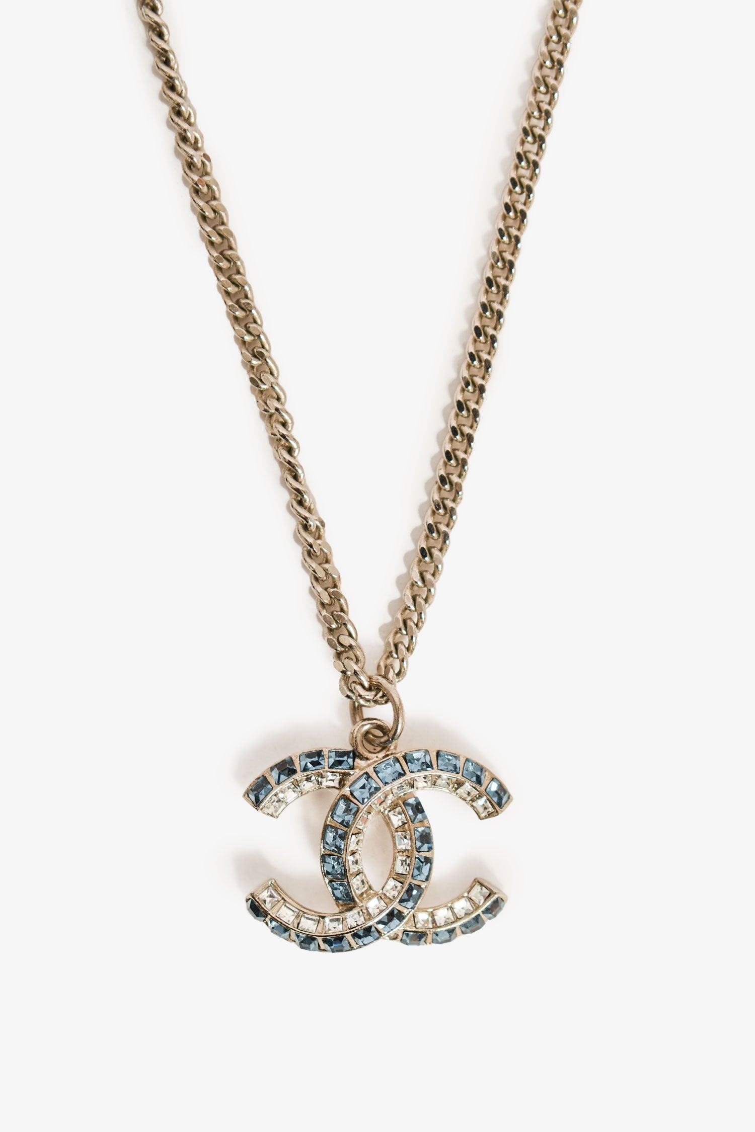 Pre-Loved Chanel™ 2019 Silver Toned Blue Crystal CC Long Necklace