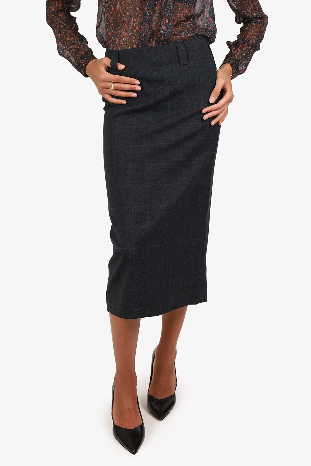 Miu Miu Grey/Black Plaid Back Split Midi Skirt Size 36