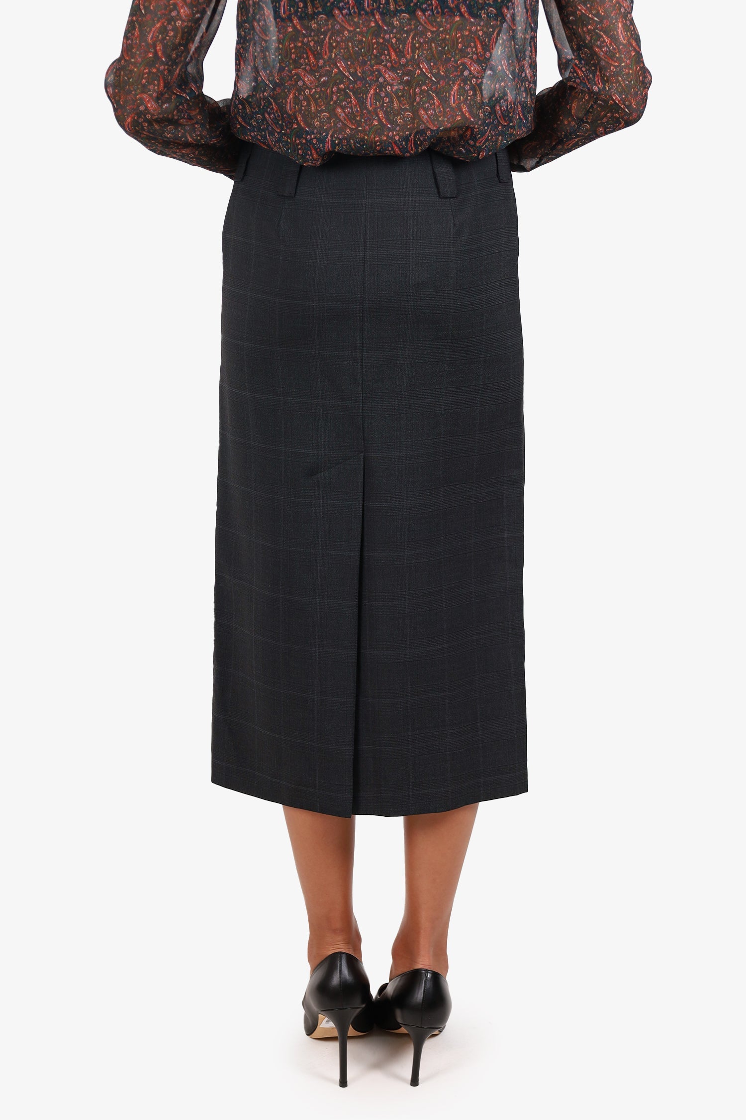 Miu Miu Grey/Black Plaid Back Split Midi Skirt Size 36