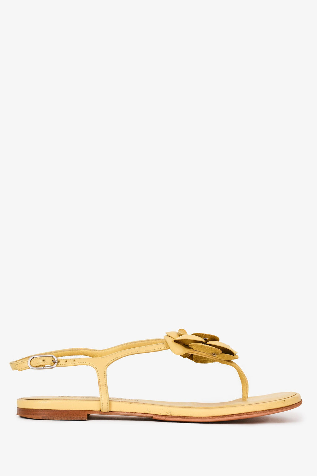 Pre-Loved Chanel™ Yellow Leather Camellia Flower Sandals Size 38.5