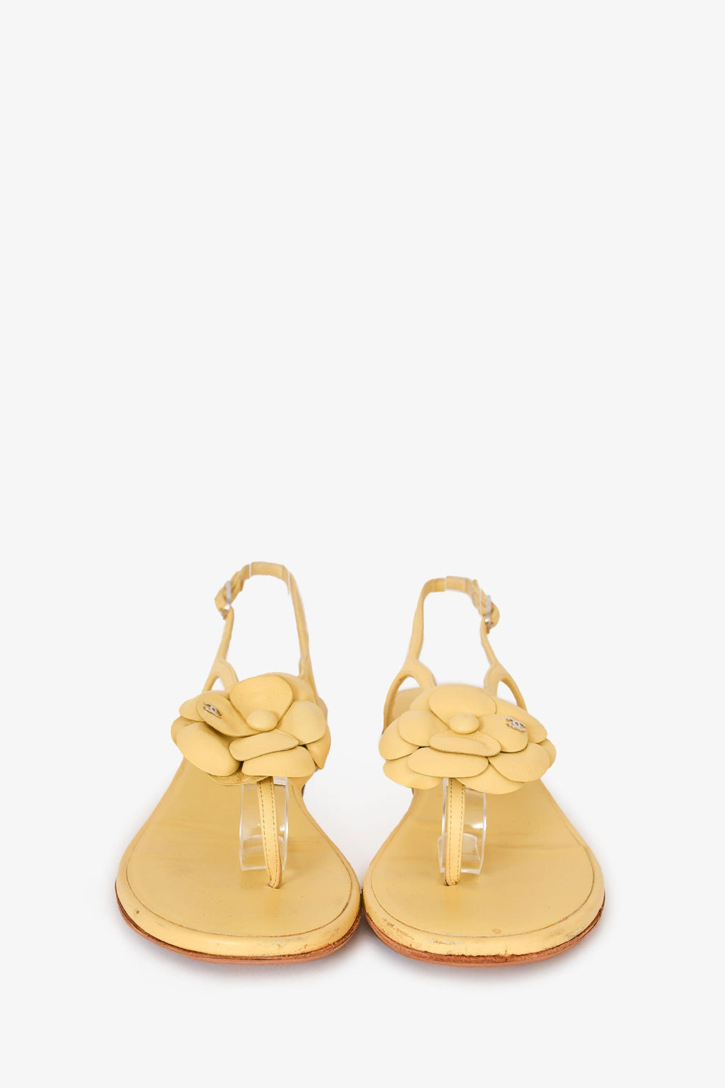 Pre-Loved Chanel™ Yellow Leather Camellia Flower Sandals Size 38.5