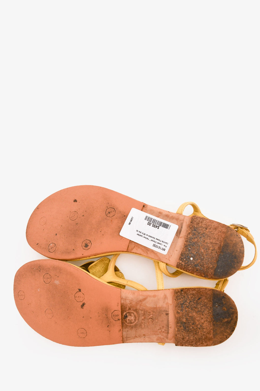 Pre-Loved Chanel™ Yellow Leather Camellia Flower Sandals Size 38.5