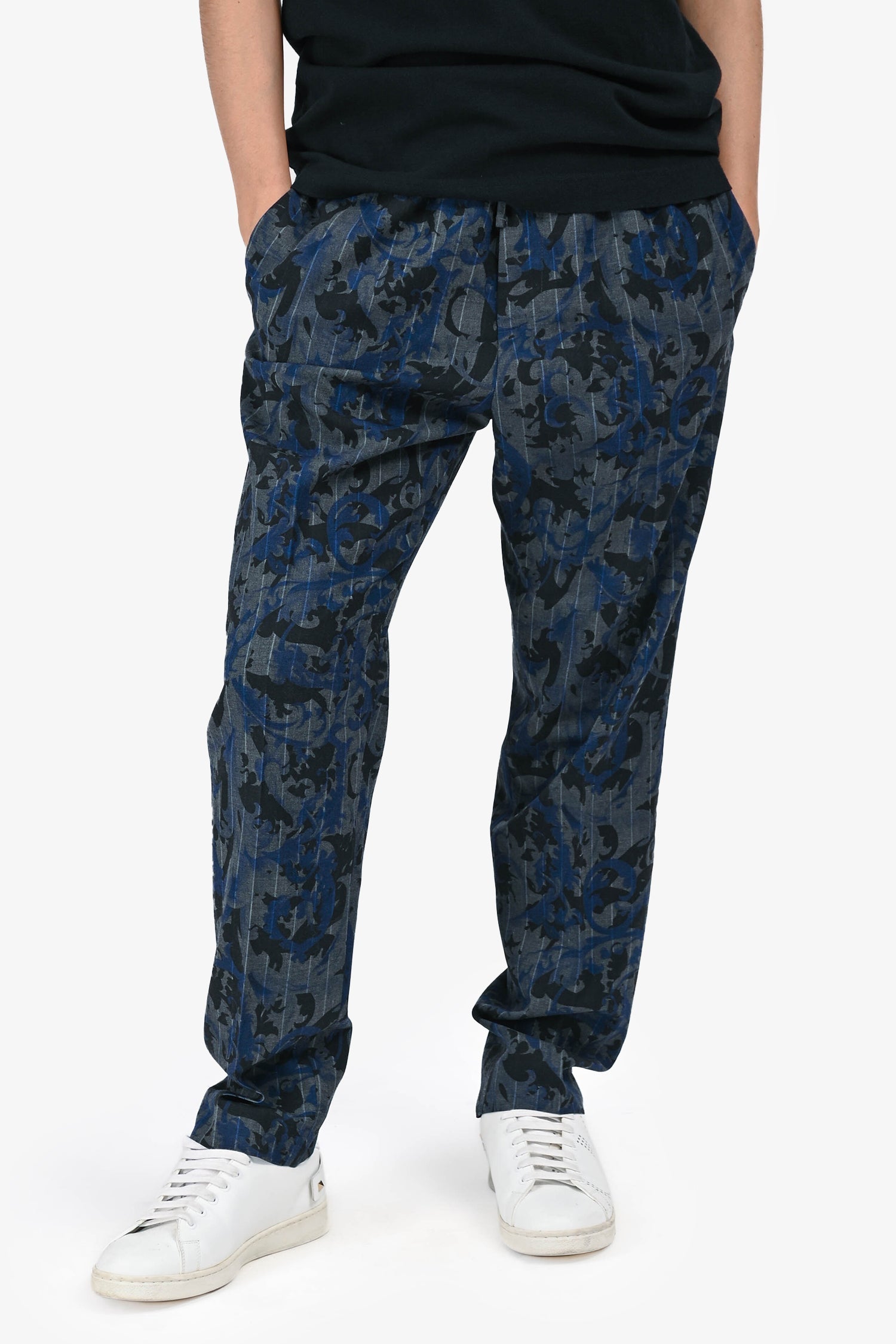 Versace Navy/Grey Printed Drawstring Joggers Size 48 Mens