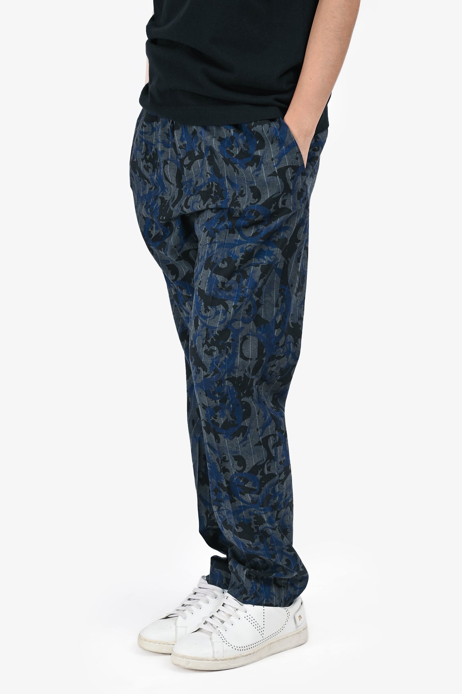Versace Navy/Grey Printed Drawstring Joggers Size 48 Mens