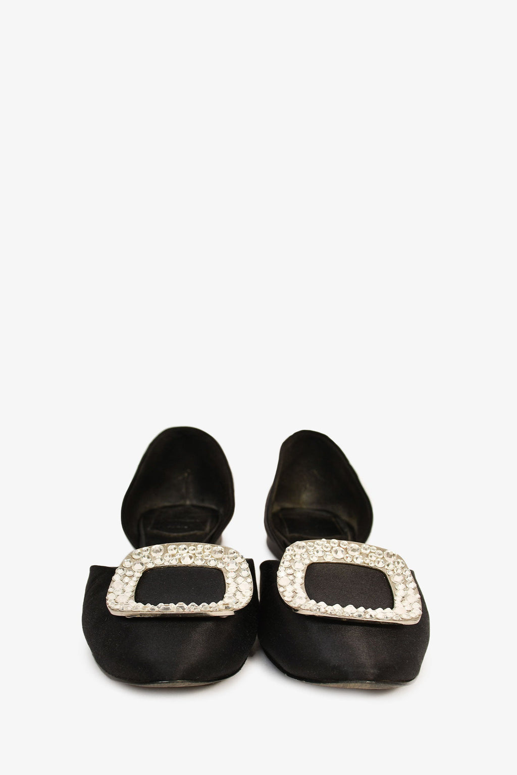 Roger Vivier Black Satin Crystal Embellished Buckle Flats Size 35