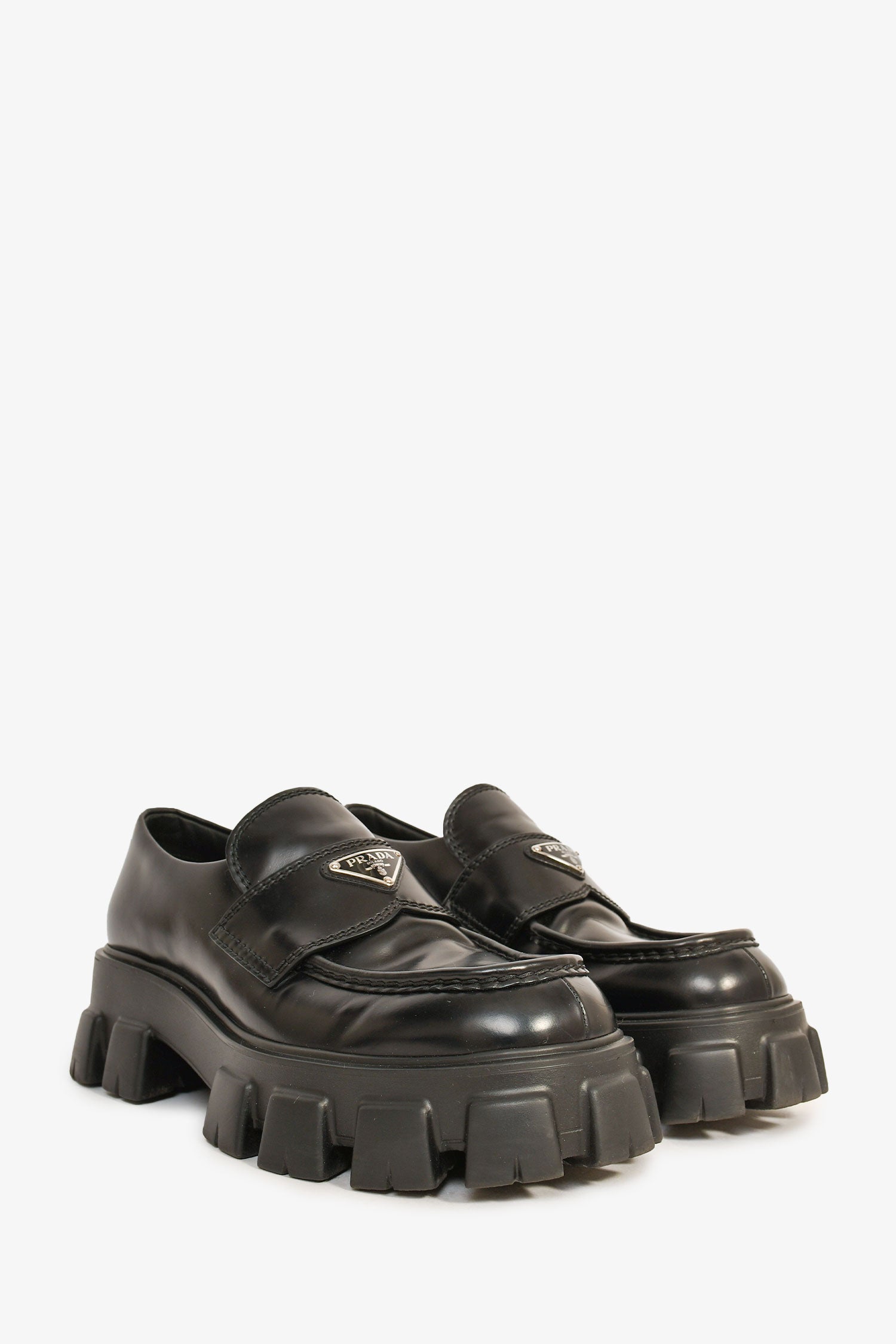 Prada Black Brushed Leather Extra Light Monolith Loafers Size 9 Mens