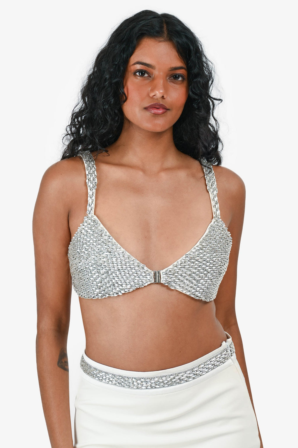Retrofête White/Silver Crystal Embellished Skirt & Crop Top Set Size XS