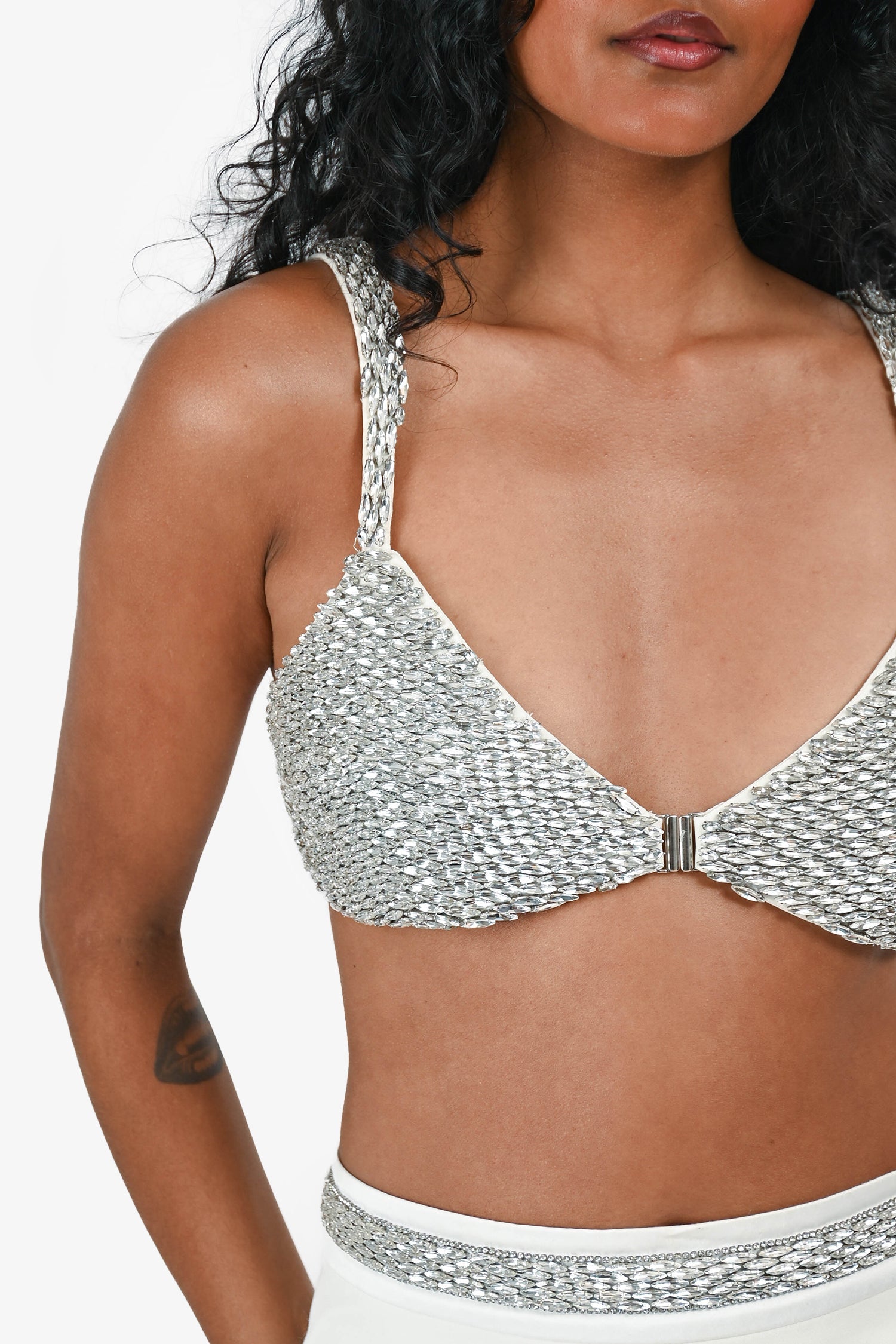 Retrofête White/Silver Crystal Embellished Skirt & Crop Top Set Size XS