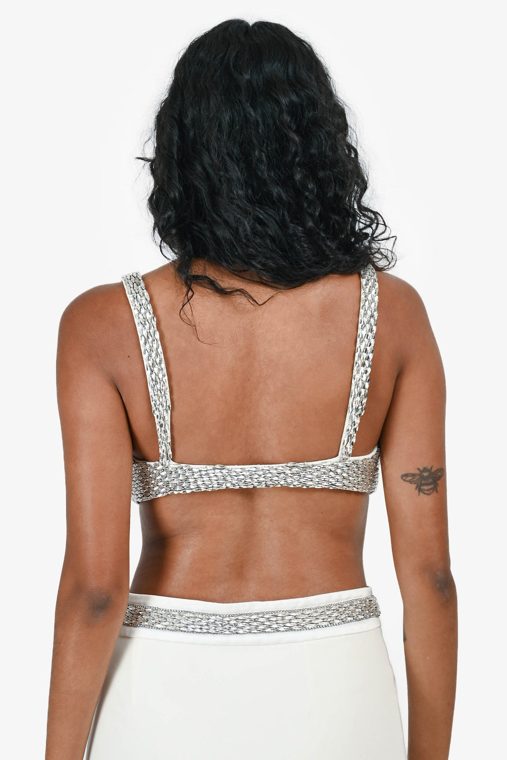 Retrofête White/Silver Crystal Embellished Skirt & Crop Top Set Size XS