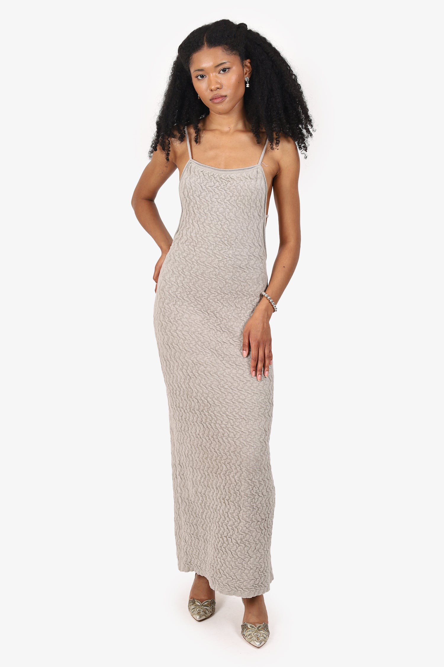 Jacquemus Grey Textured Knit Midi Low Back Dress Size 38