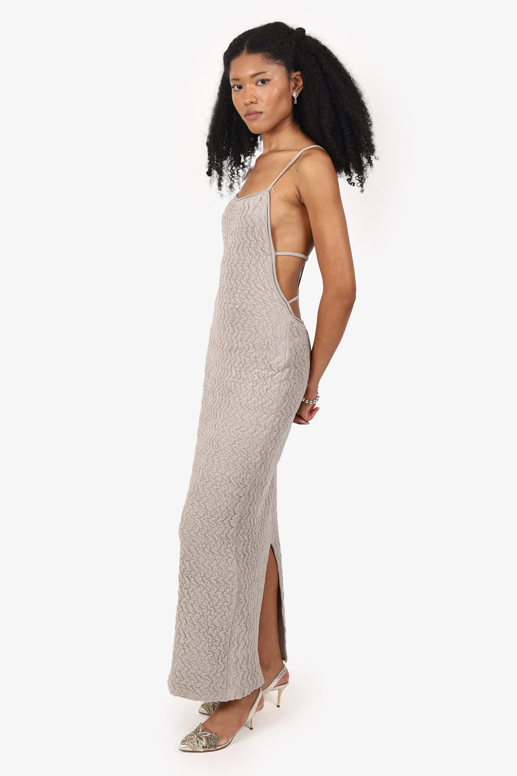 Jacquemus Grey Textured Knit Midi Low Back Dress Size 38
