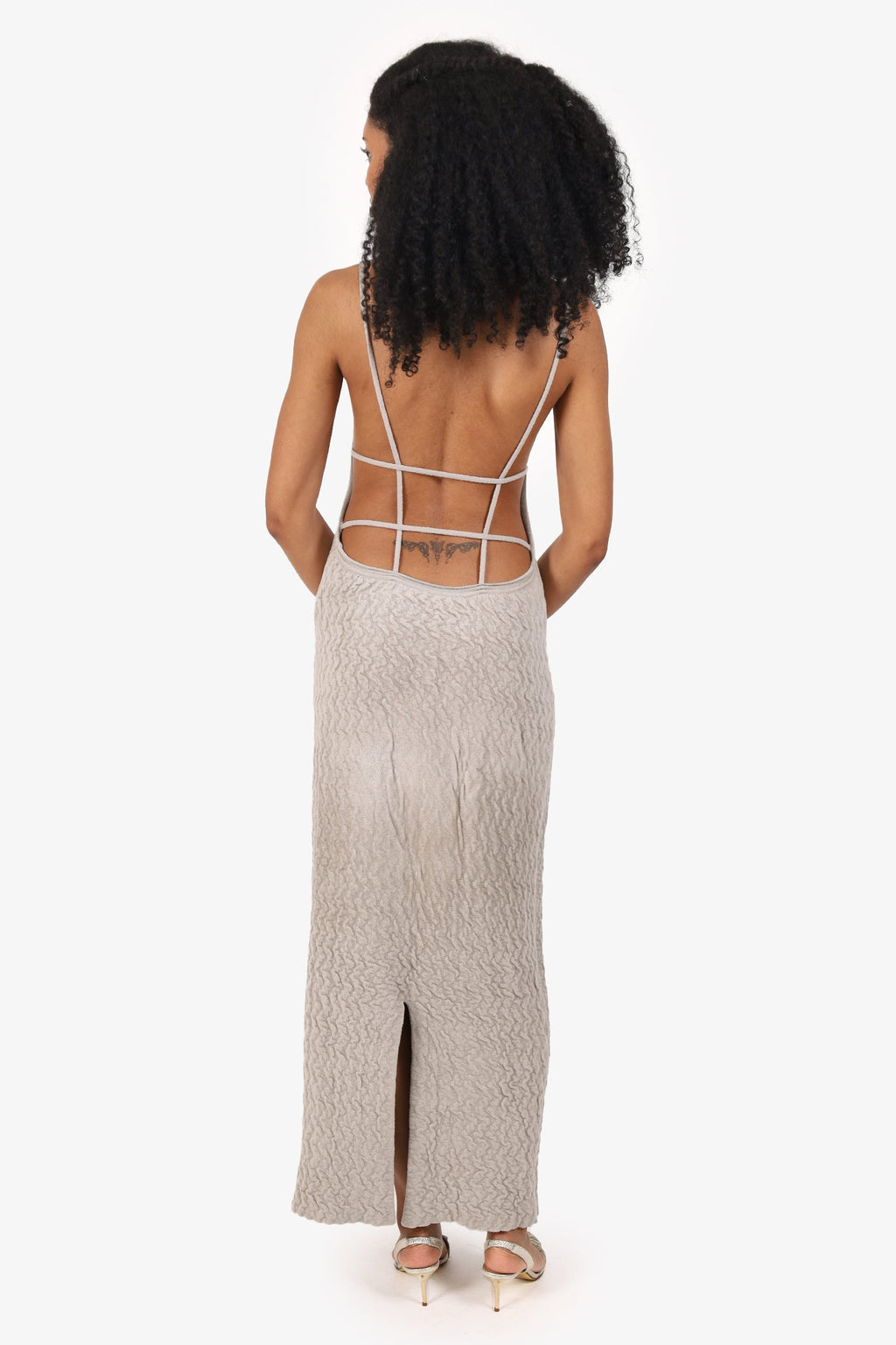 Jacquemus Grey Textured Knit Midi Low Back Dress Size 38