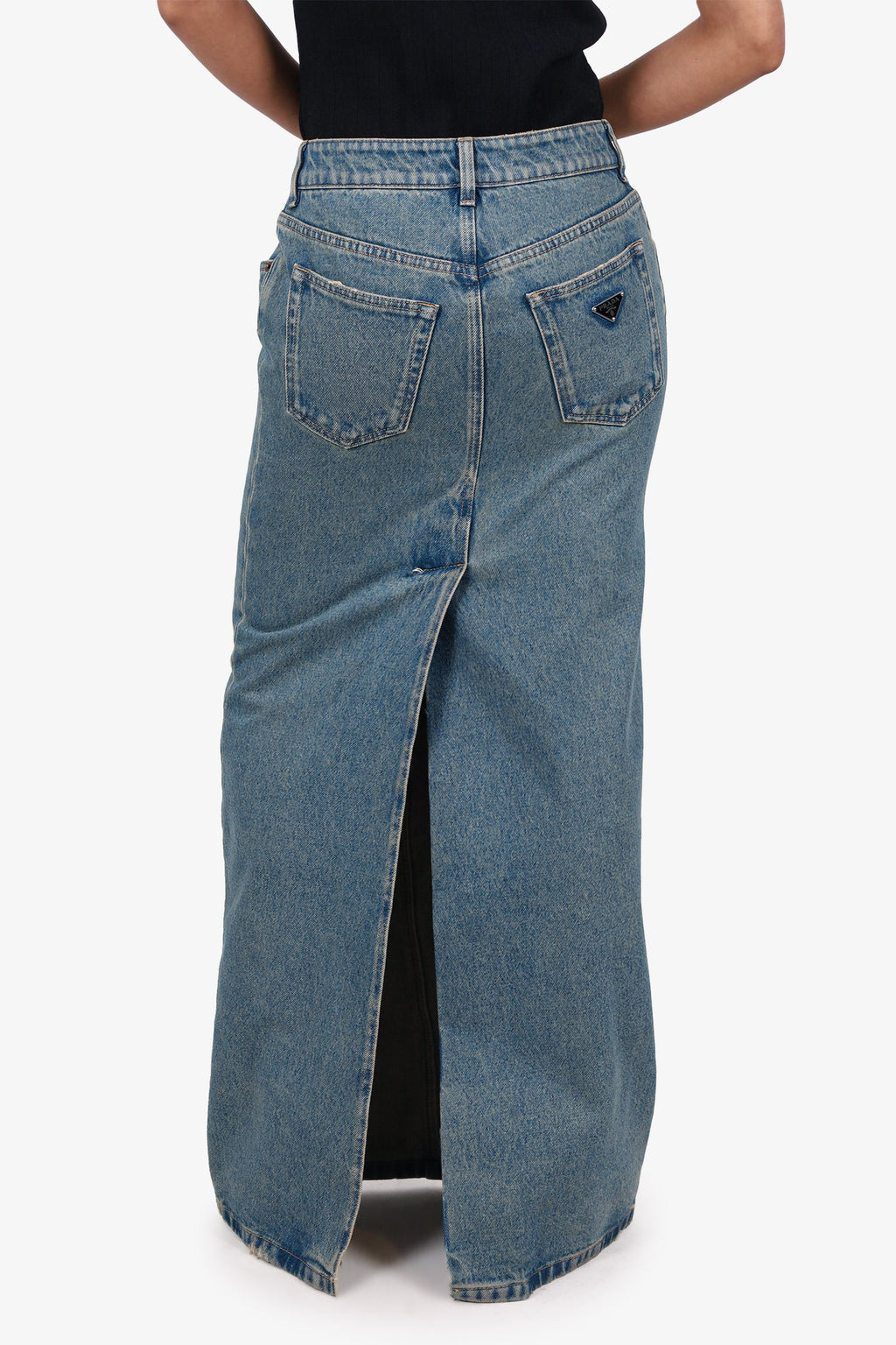 Prada Blue Denim Triangle Logo Maxi Skirt Size 38