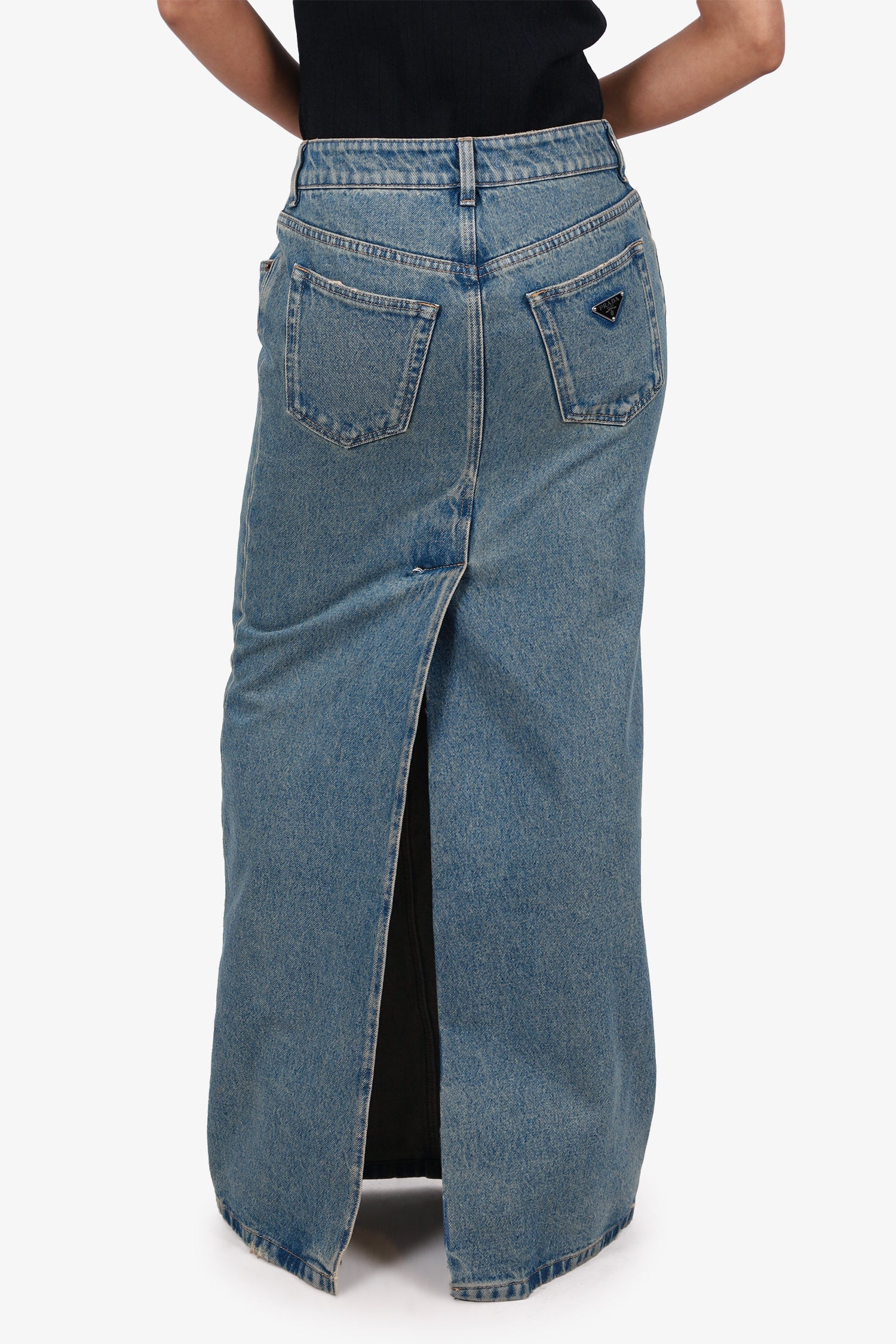Prada Blue Denim Triangle Logo Maxi Skirt Size 38