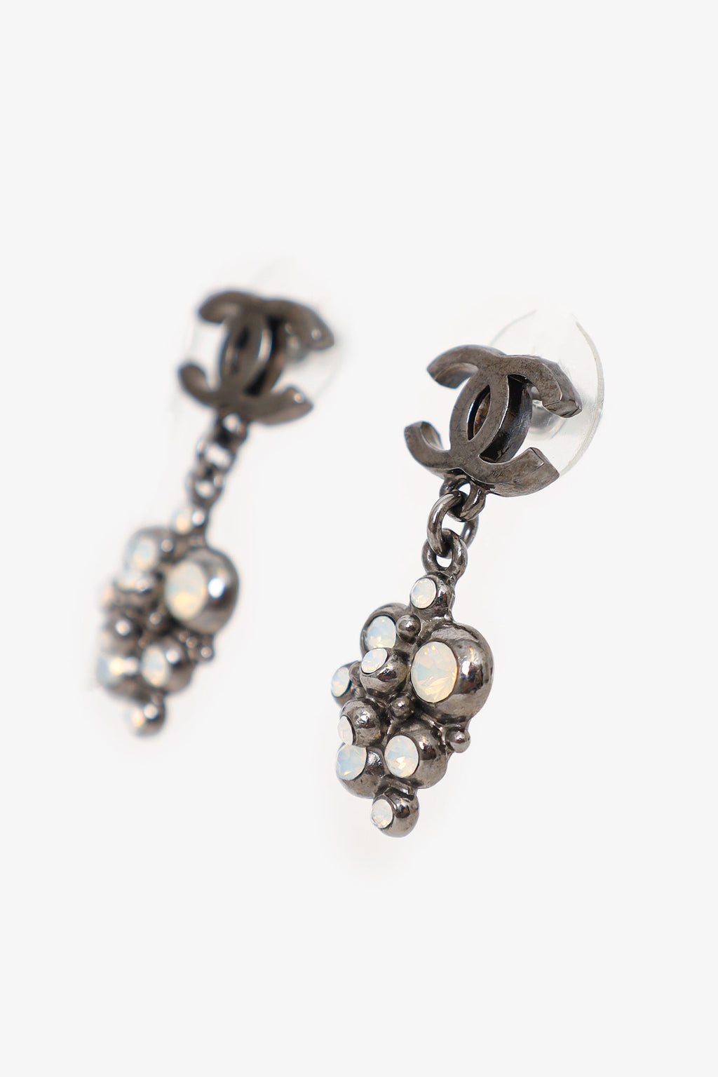 Pre-Loved Chanel™ Gunmetal Silver Crystal Clustered Drop Earrings