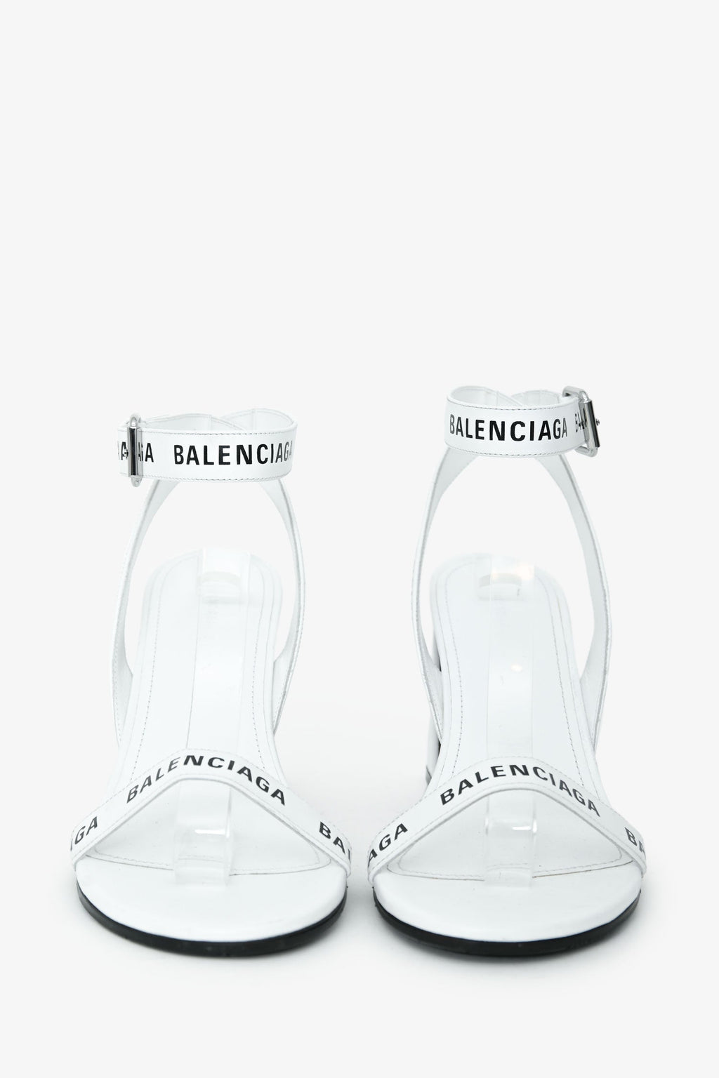 Balenciaga White Leather Logo Ankle Strap Heeled Sandals Size 39