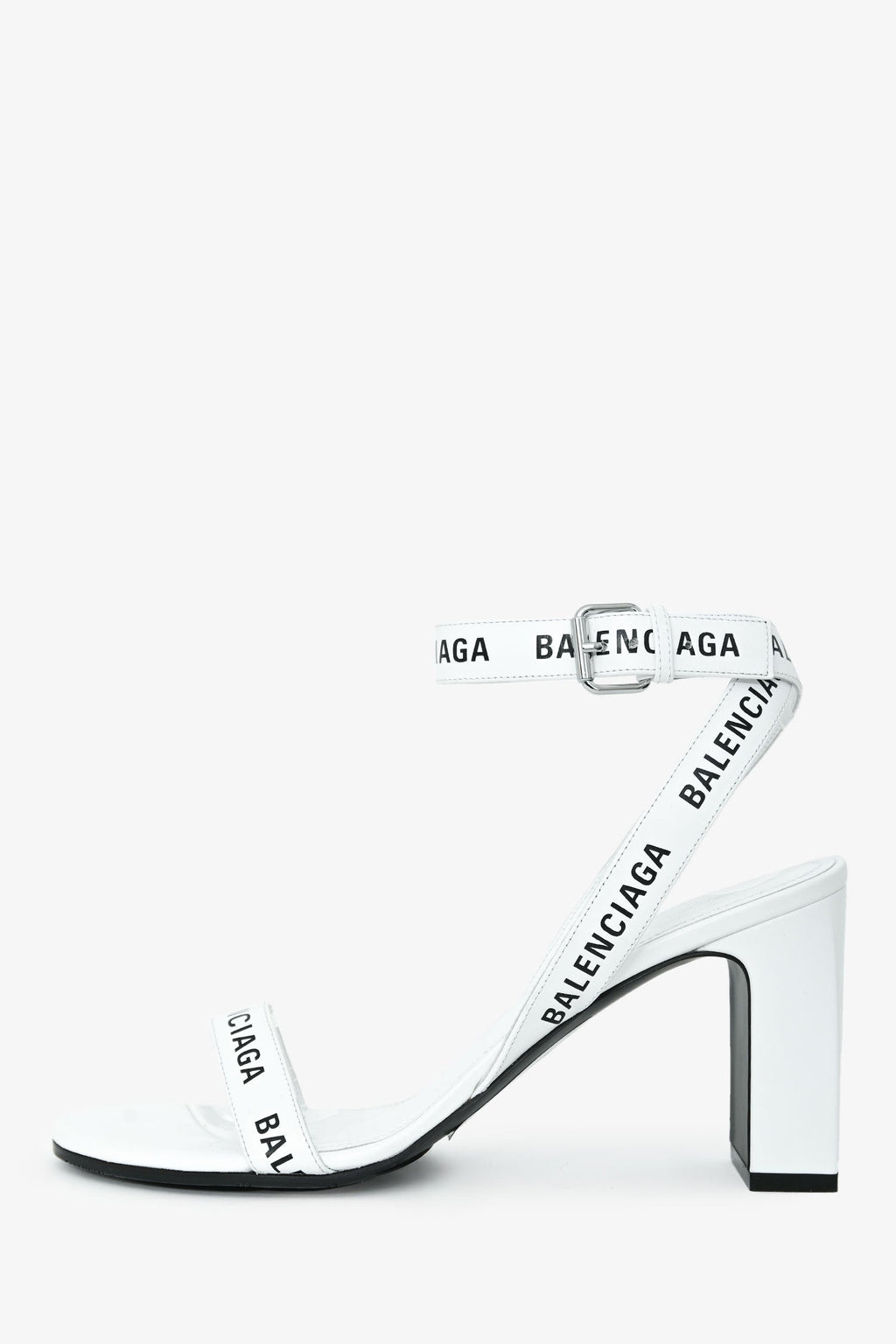 Balenciaga White Leather Logo Ankle Strap Heeled Sandals Size 39