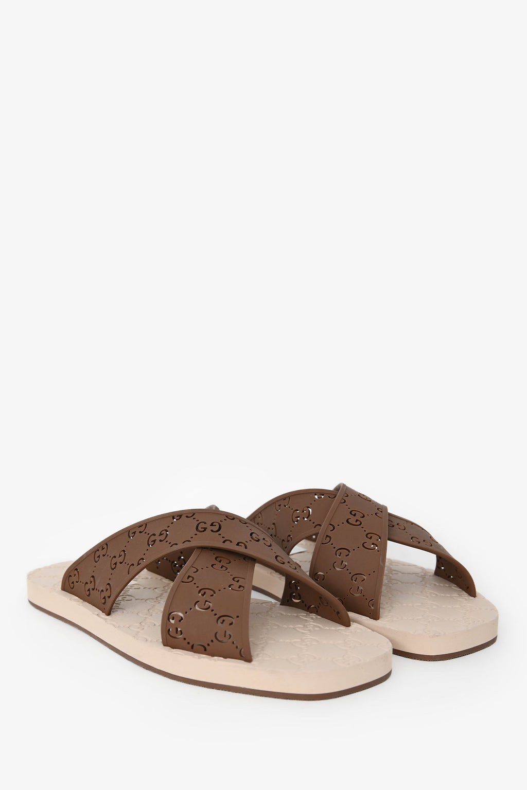 Gucci Brown/Tan GG Rubber Criss Cross Slides Size 11 Mens