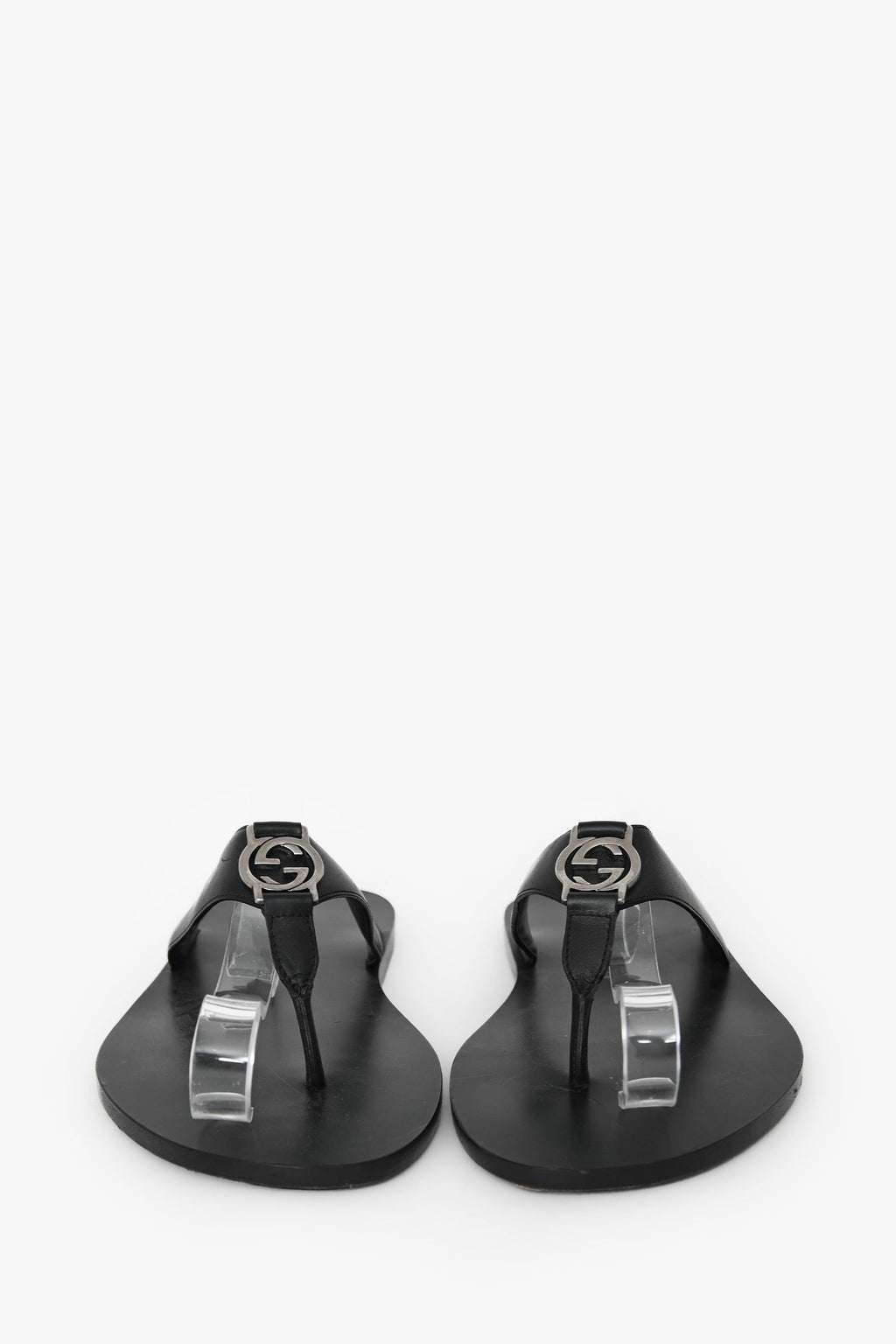 Gucci Black Leather Silver GG Thong Sandals Size 10 Mens