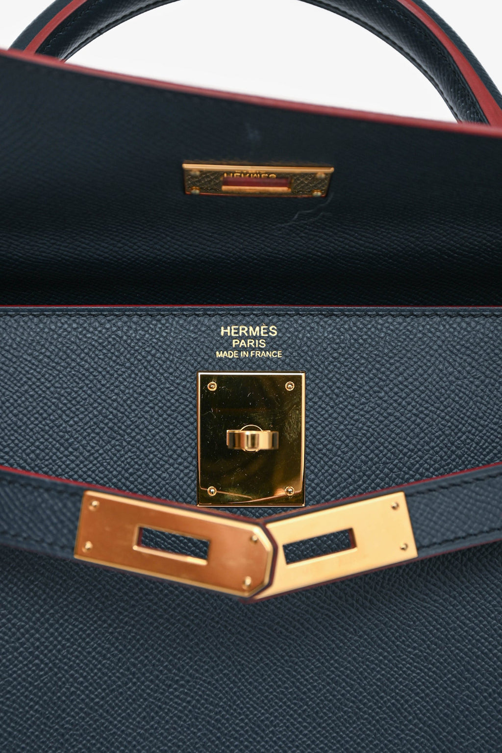 Hermès 2016 Blue Indigo/Rouge H Trim Epsom Leather Contour Sellier Kelly 32 With Strap GHW
