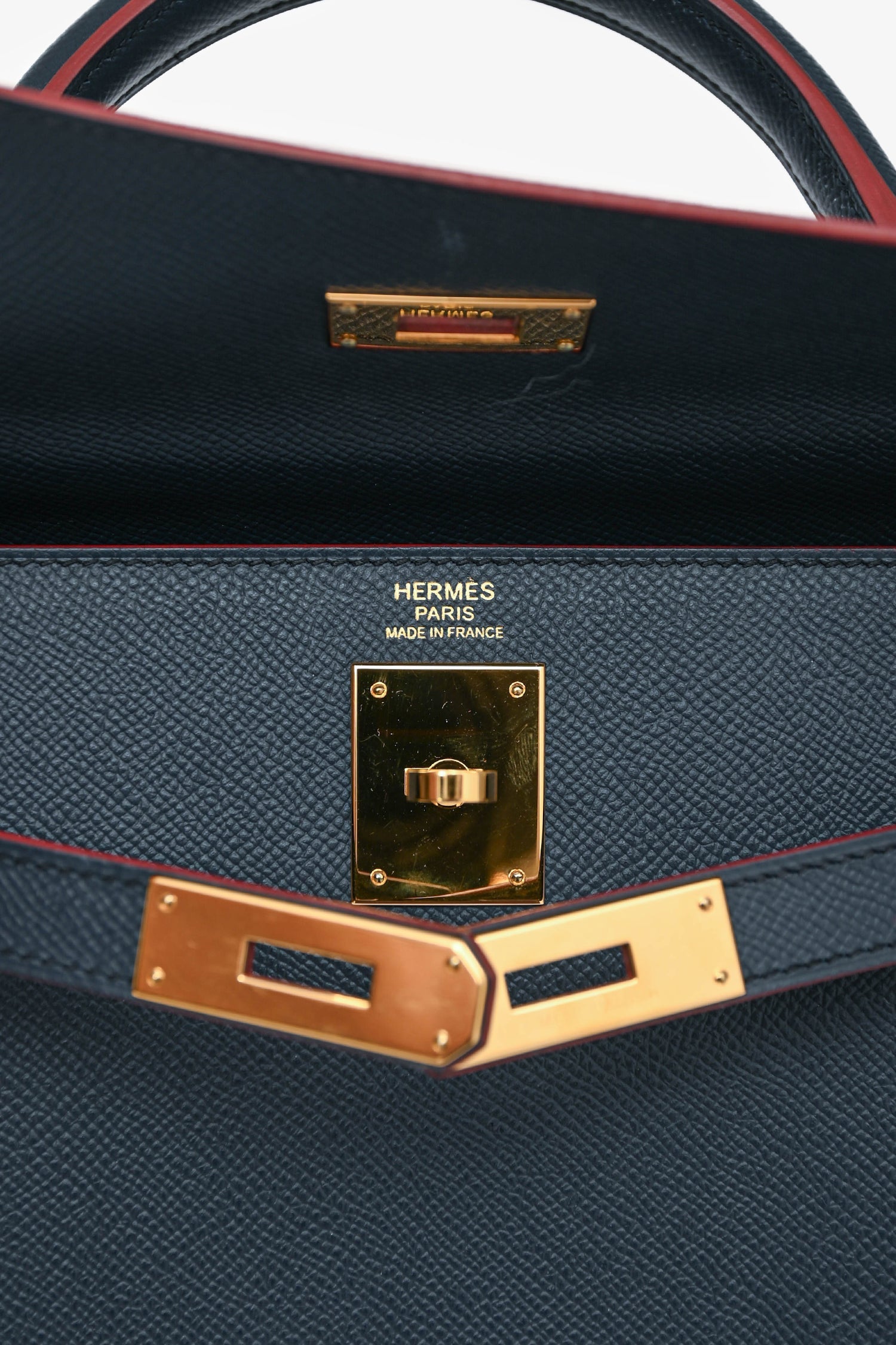 Hermès 2016 Blue Indigo/Rouge H Trim Epsom Leather Contour Sellier Kelly 32 With Strap GHW