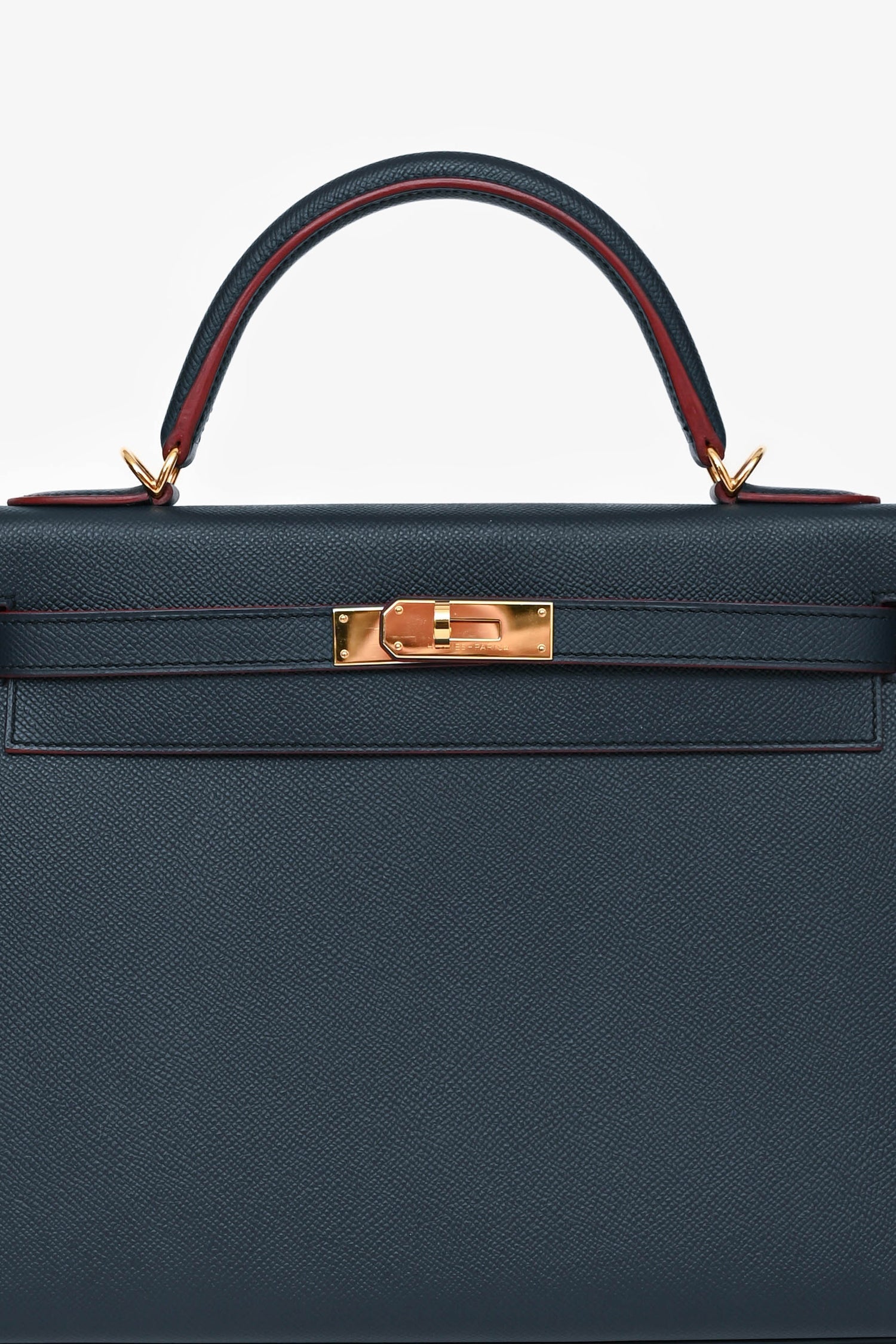 Hermès 2016 Blue Indigo/Rouge H Trim Epsom Leather Contour Sellier Kelly 32 With Strap GHW