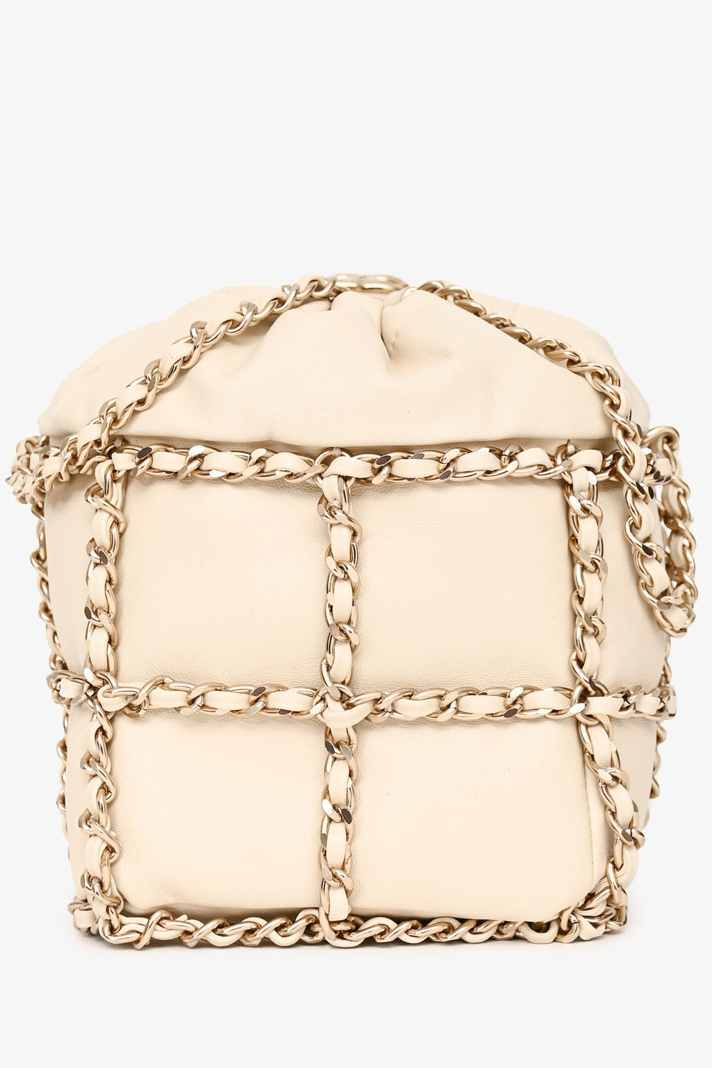 Pre-Loved Chanel™ 2019-20 Cream Lambskin Leather Bucket Chain Drawstring Bag