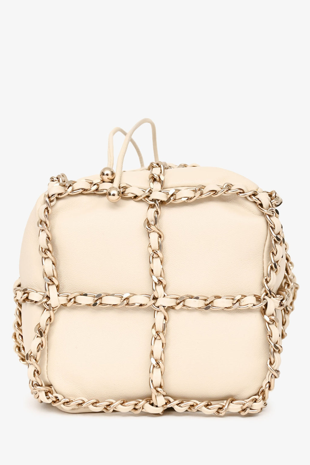 Pre-Loved Chanel™ 2019-20 Cream Lambskin Leather Bucket Chain Drawstring Bag
