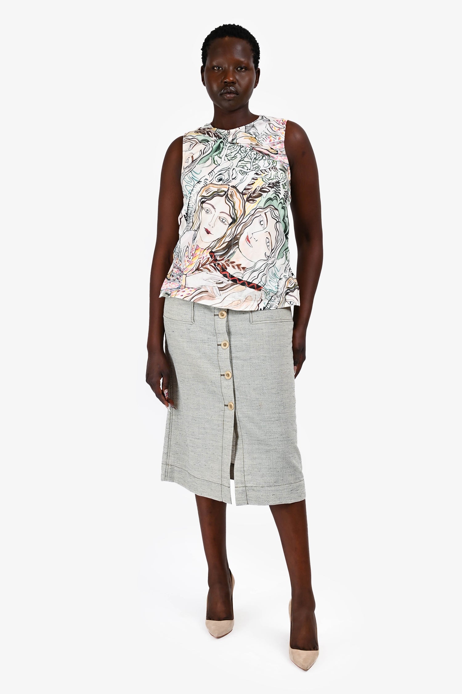 3.1 Phillip Lim Grey Wool/Linen Button Midi Skirt Size 6