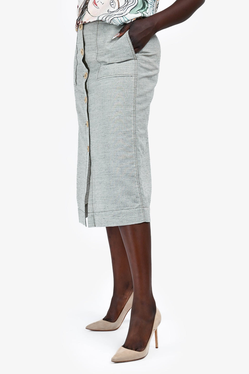 3.1 Phillip Lim Grey Wool/Linen Button Midi Skirt Size 6