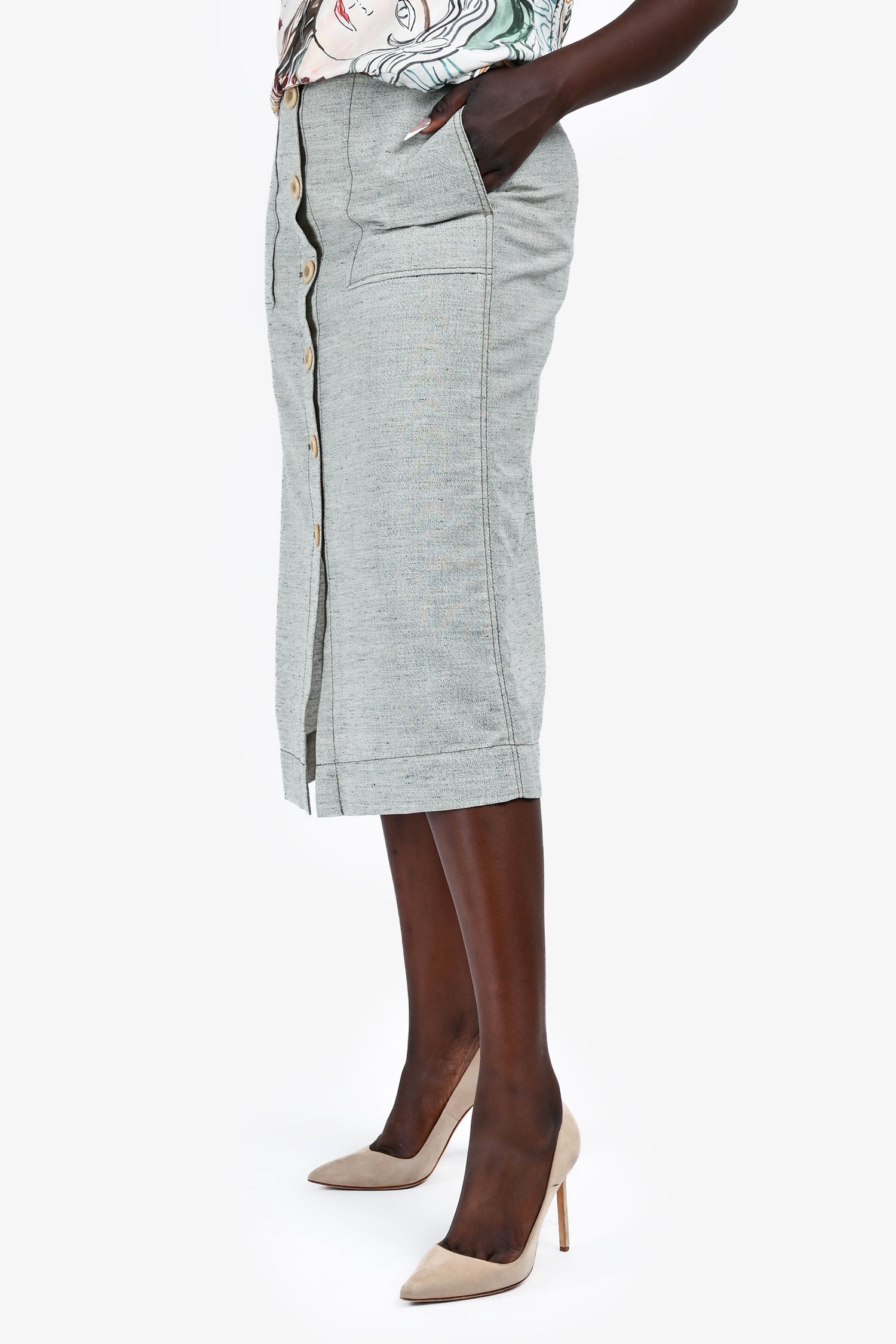 3.1 Phillip Lim Grey Wool/Linen Button Midi Skirt Size 6