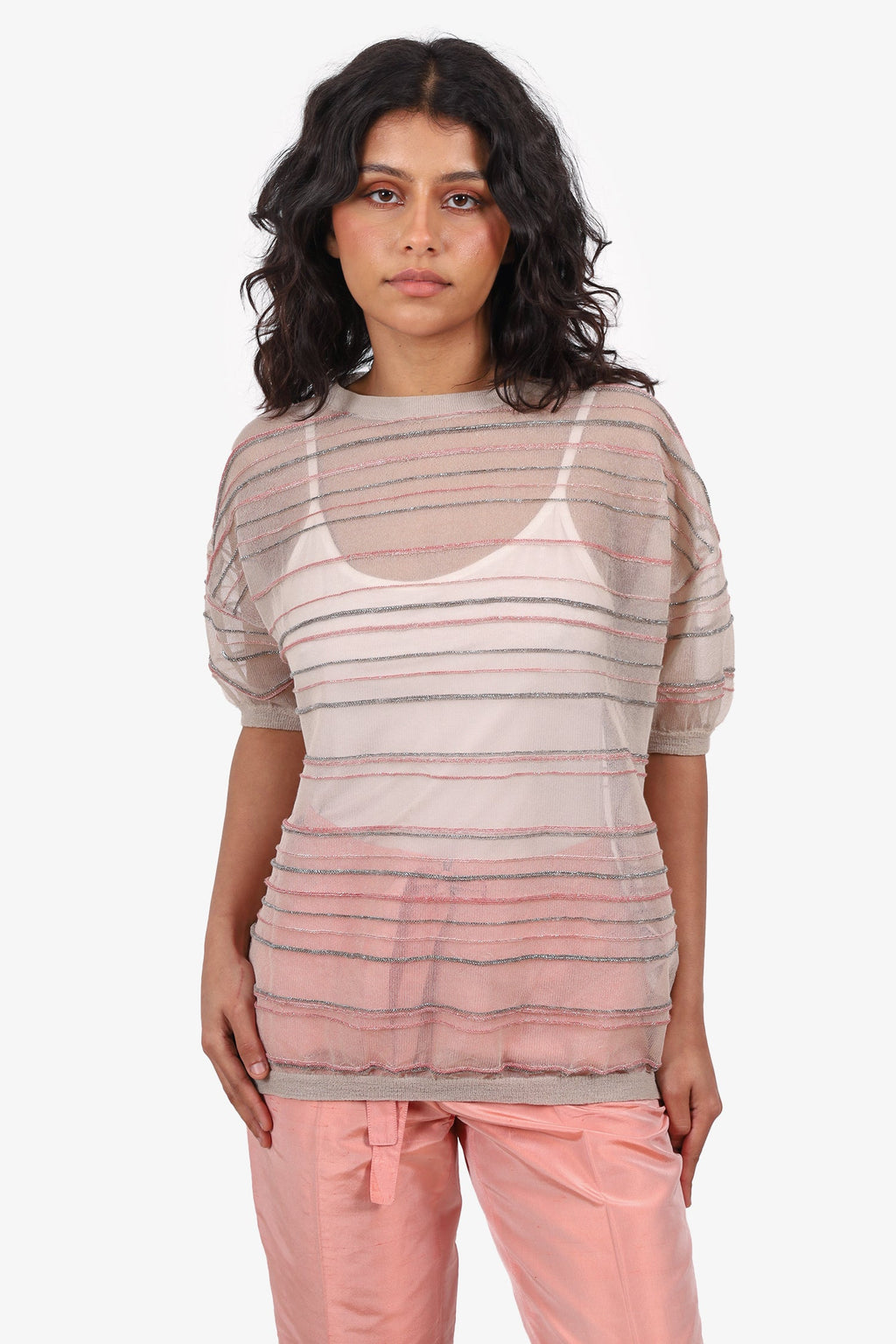 Brunello Cucinelli Beige/Pink Sheer Metallic Short Sleeve Top Size L