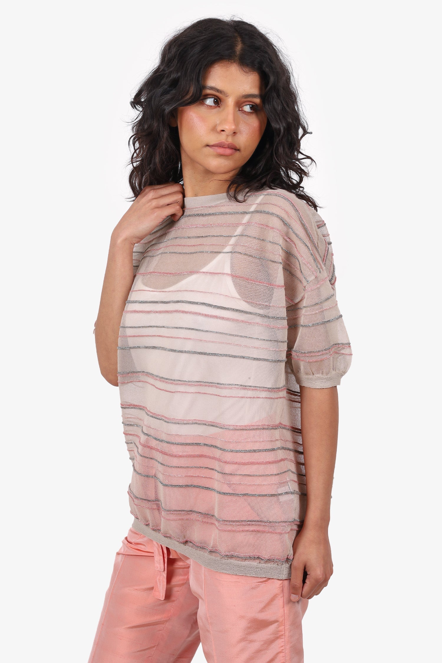 Brunello Cucinelli Beige/Pink Sheer Metallic Short Sleeve Top Size L