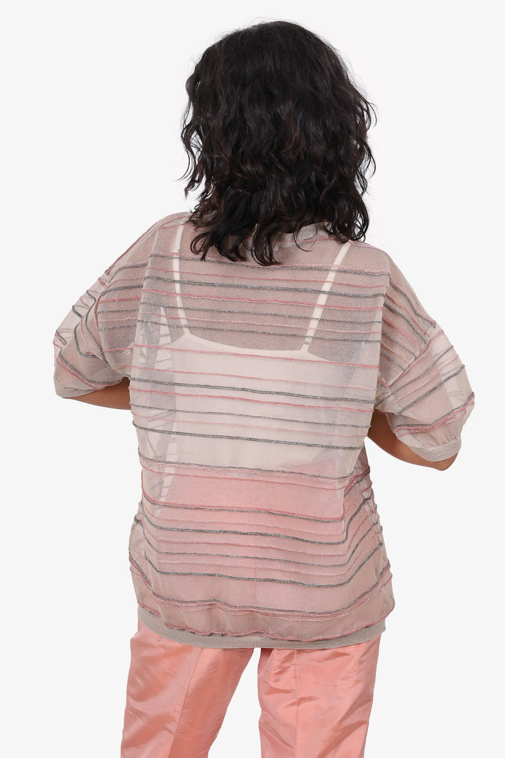 Brunello Cucinelli Beige/Pink Sheer Metallic Short Sleeve Top Size L