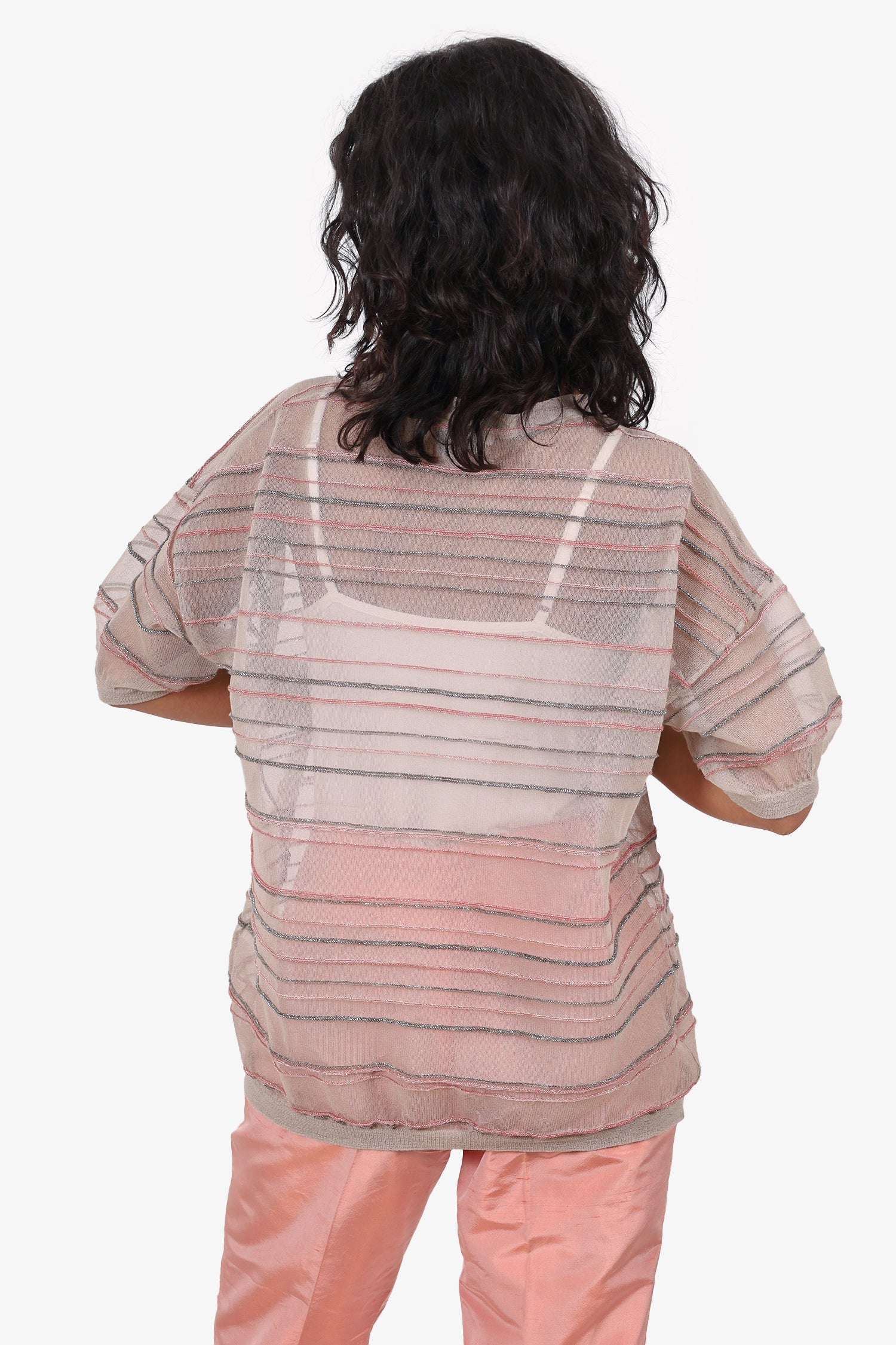 Brunello Cucinelli Beige/Pink Sheer Metallic Short Sleeve Top Size L