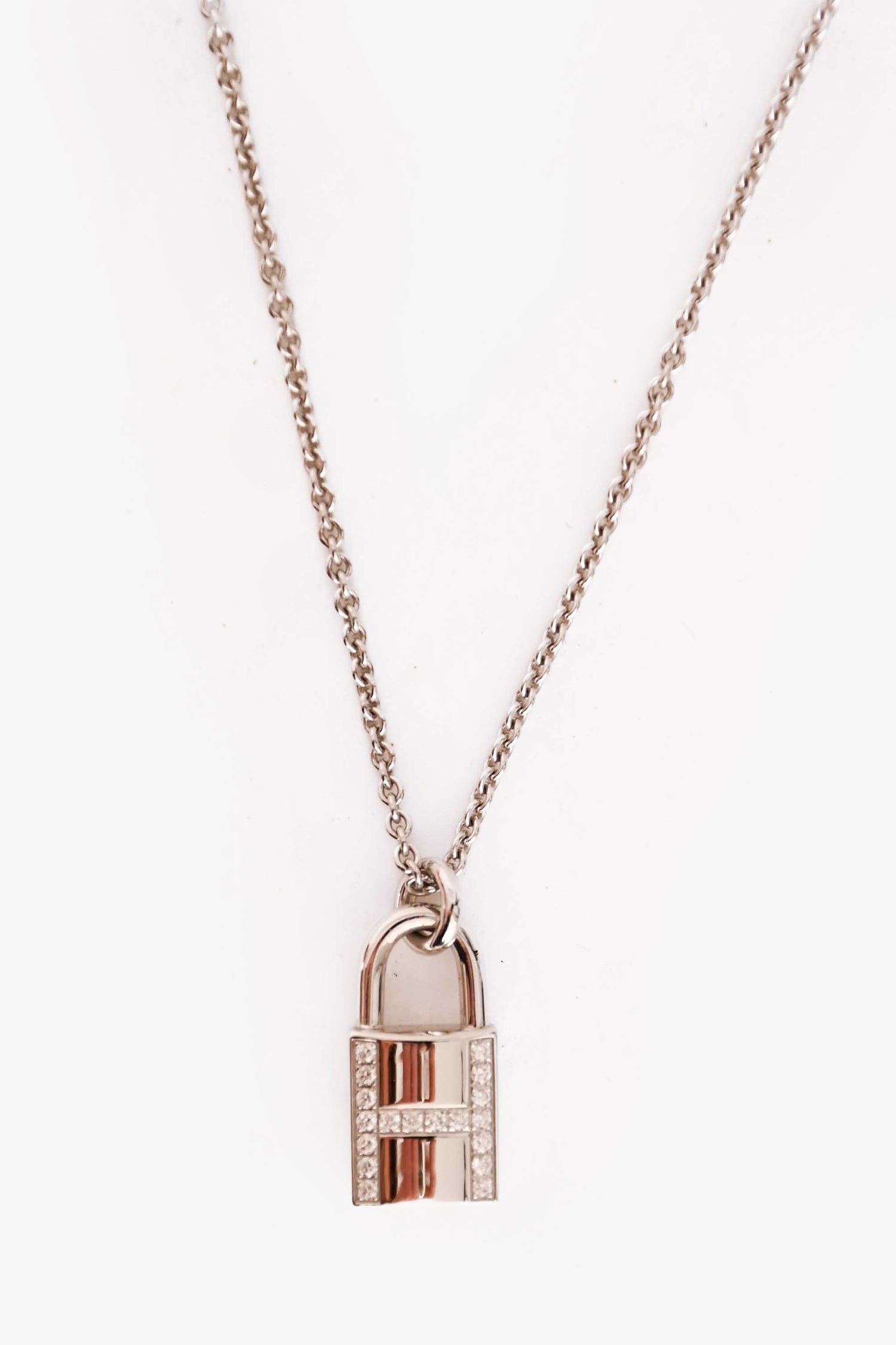 Hermès 18K White Gold Diamond 'Cadenas' Lock Pendant