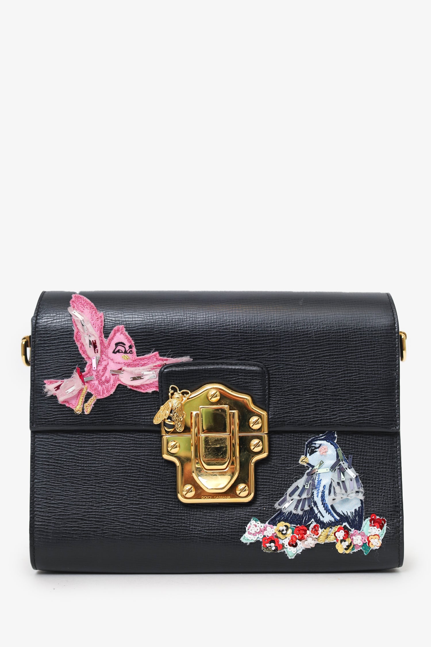 Dolce & Gabbana Black Embossed Leather Bird Embellished Shoulder Bag