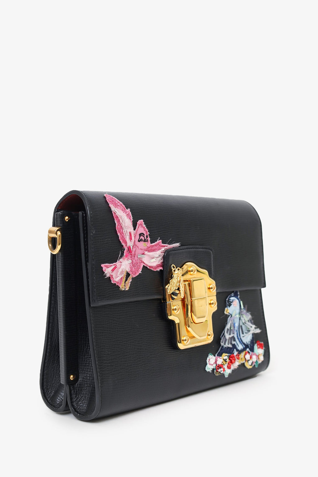 Dolce & Gabbana Black Embossed Leather Bird Embellished Shoulder Bag