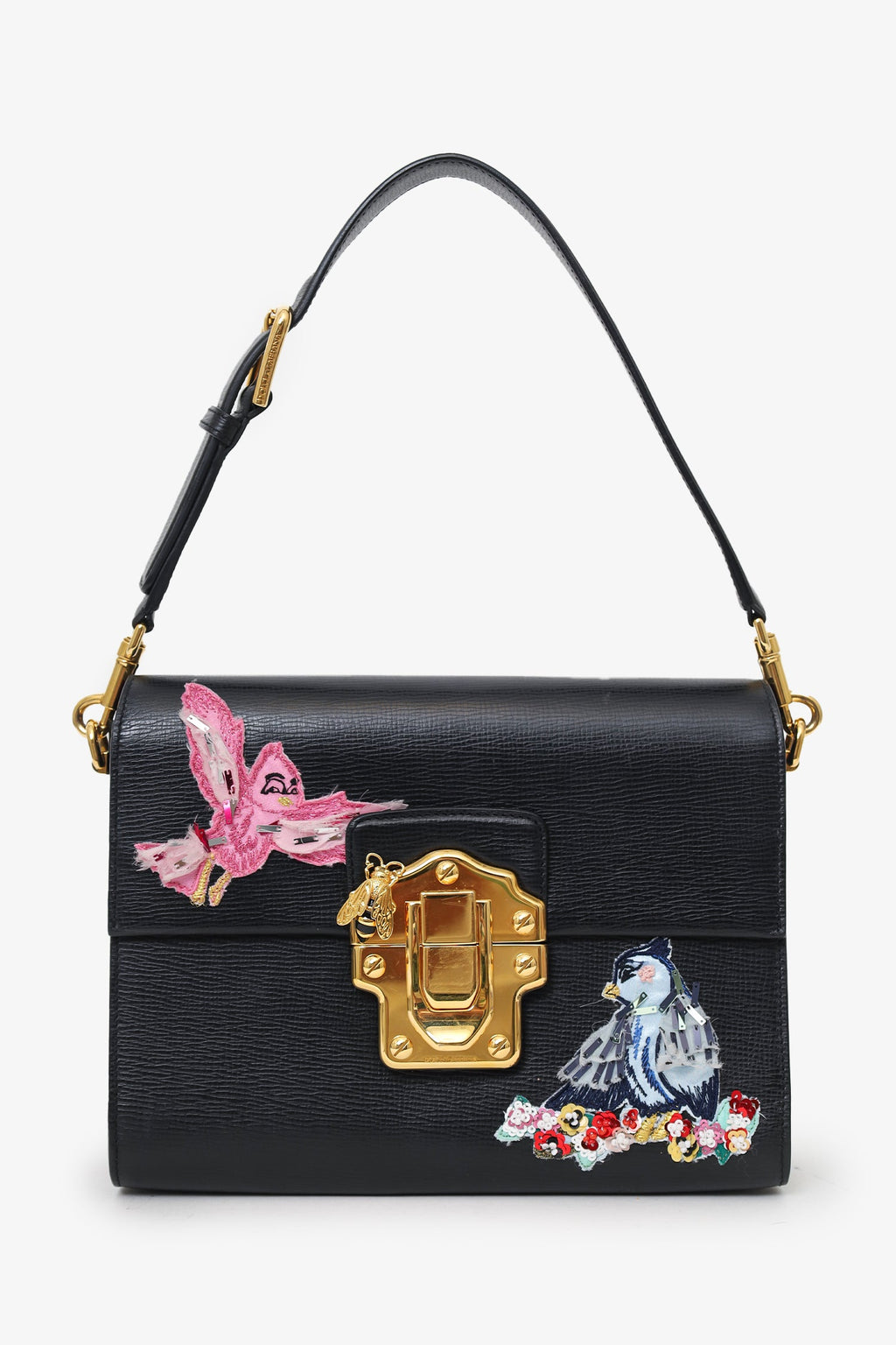Dolce & Gabbana Black Embossed Leather Bird Embellished Shoulder Bag