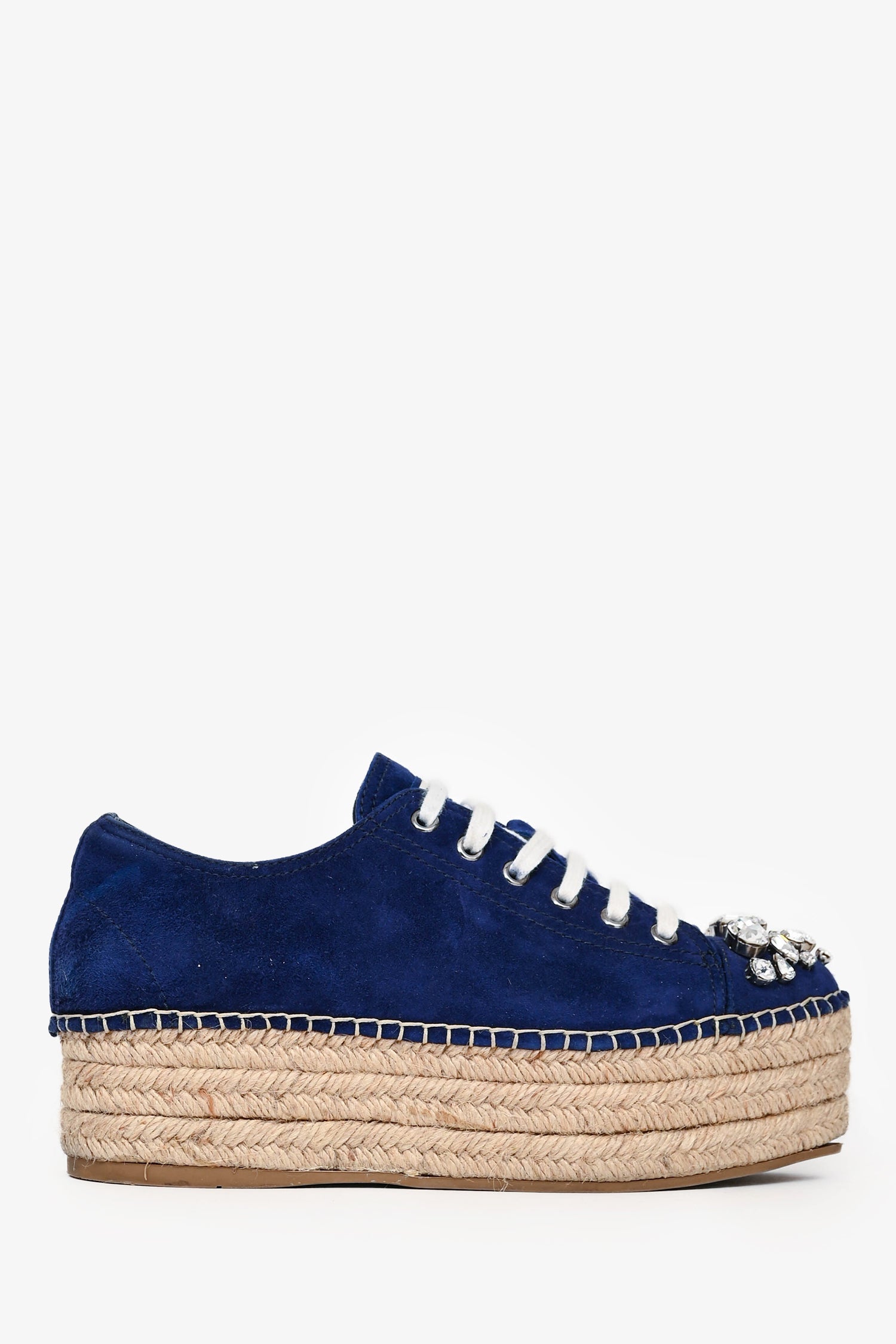 Miu Miu Navy Suede Crystal Embellished Lace Up Espadrilles Size 37.5